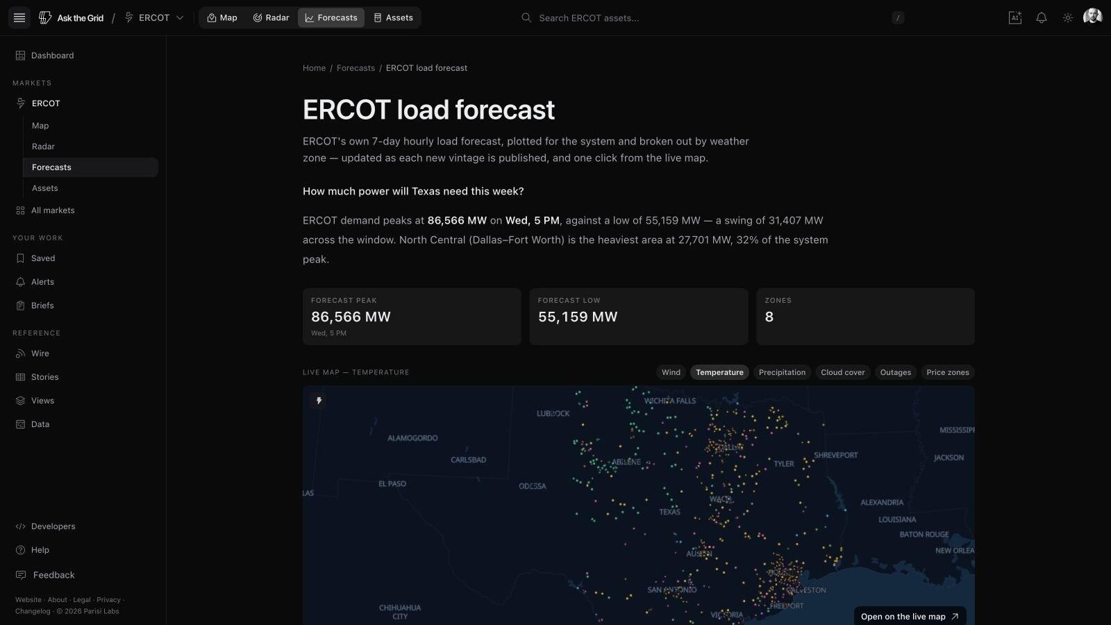 ERCOT seven-day load forecast with peak, low, eight weather zones, and the temperature layer on the live map