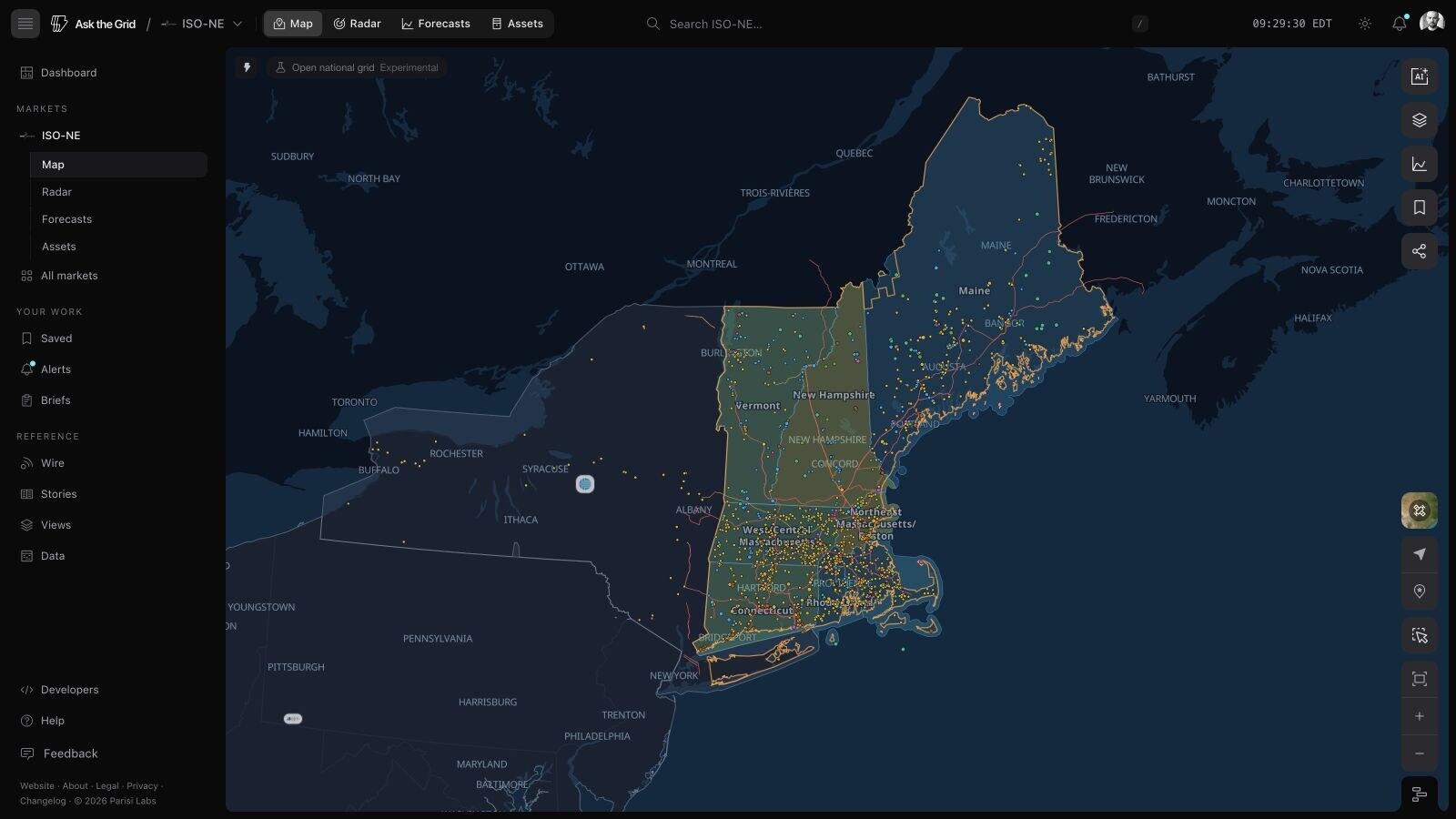 The live ISO-NE map — the New England footprint, generation and price nodes, transmission