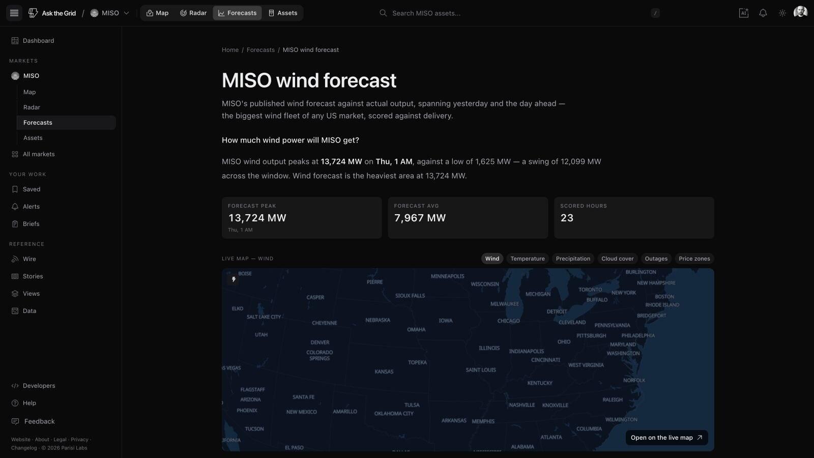 MISO wind forecast with forecast peak, average, scored hours, and wind context on the continent-scale live map