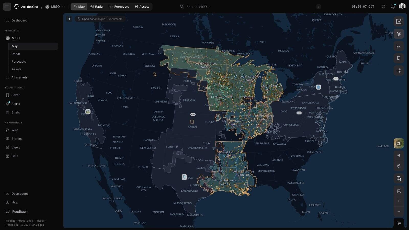 The live MISO map — the north-south footprint, generation and price nodes, transmission