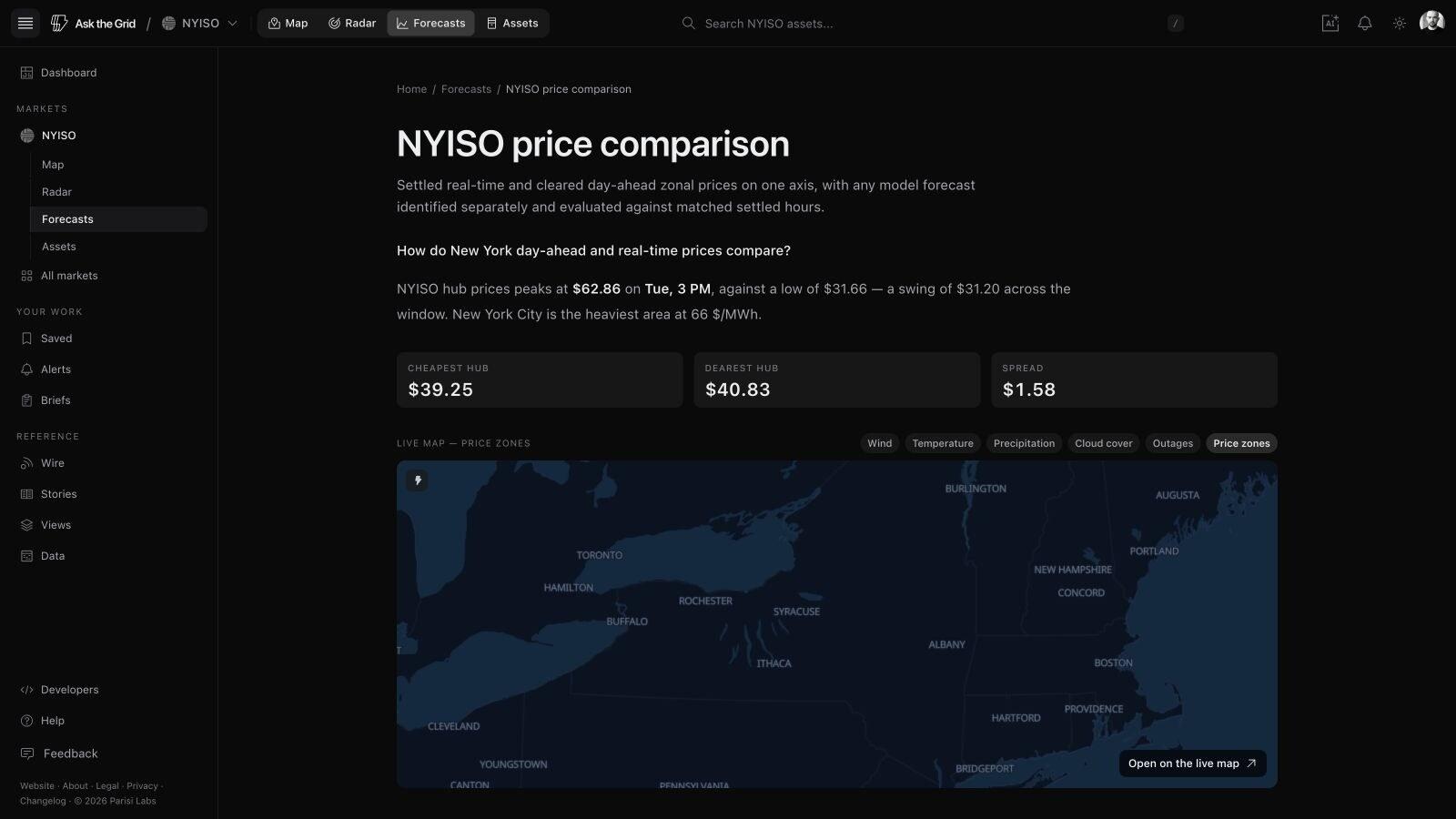 NYISO price comparison with real-time and day-ahead metrics and all eleven price zones on the live map