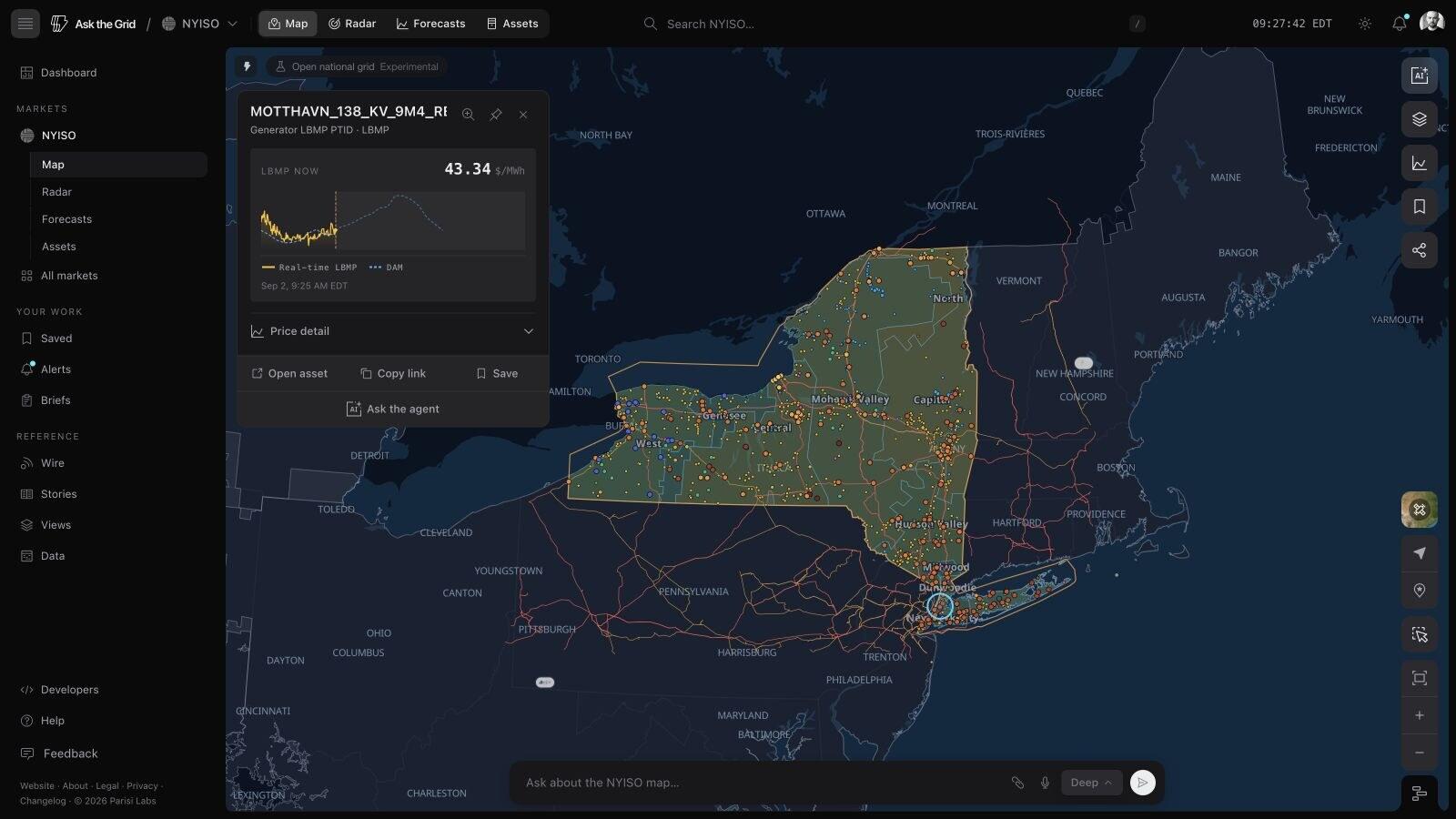 The live NYISO map — the eleven-zone New York footprint, generation and price nodes, transmission