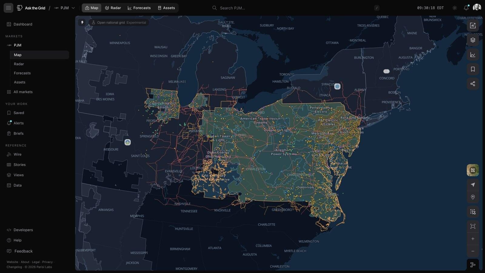 A map of the PJM Interconnection footprint
