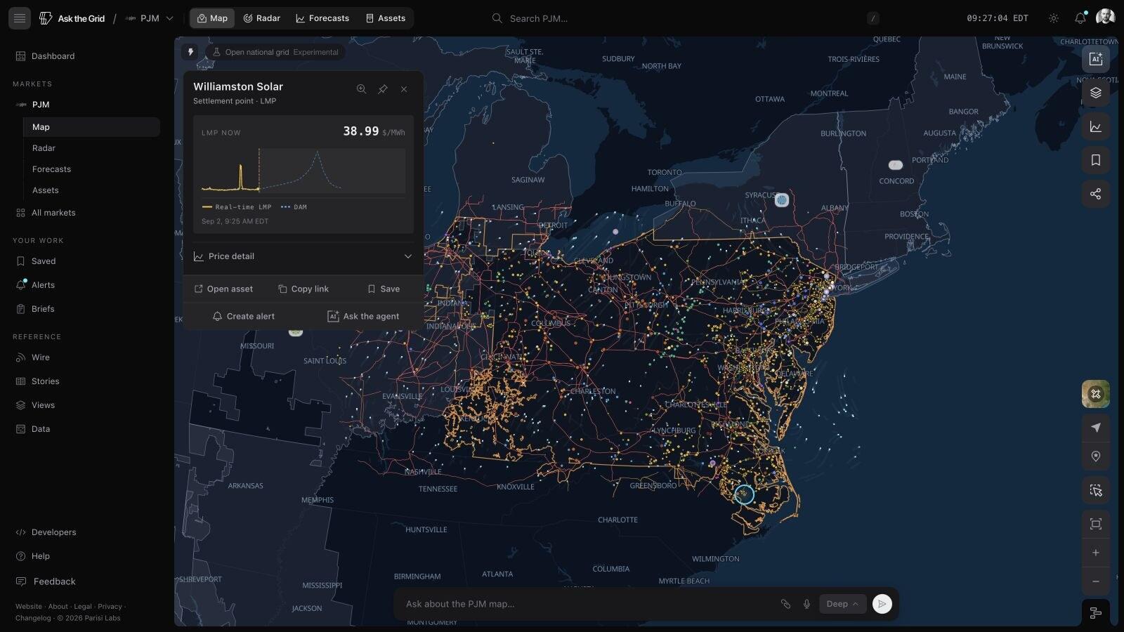 The live PJM map — the thirteen-state footprint, zonal utilities, generation and price nodes, transmission