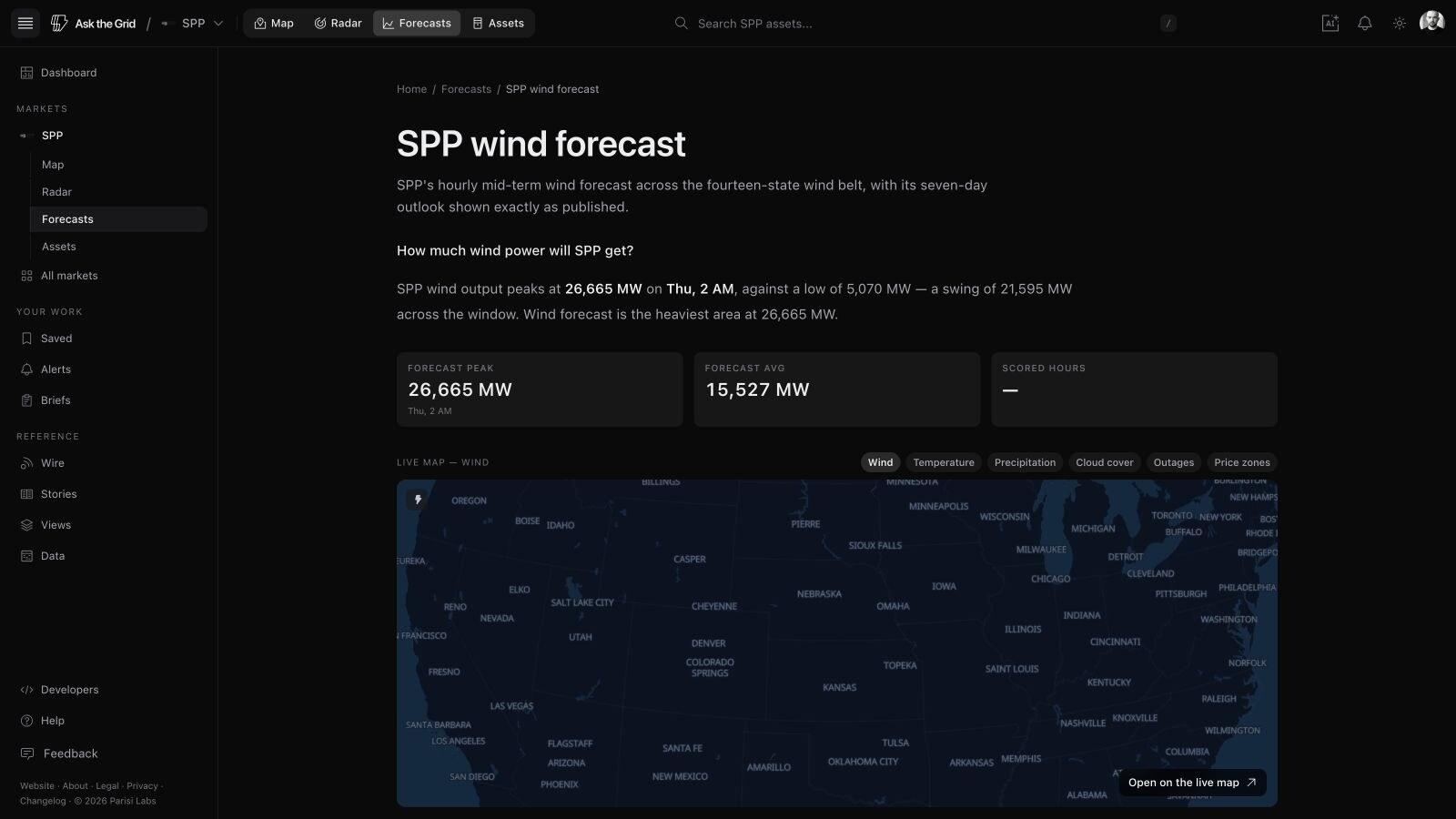 SPP wind forecast with forecast peak and average across the fourteen-state footprint on the live map