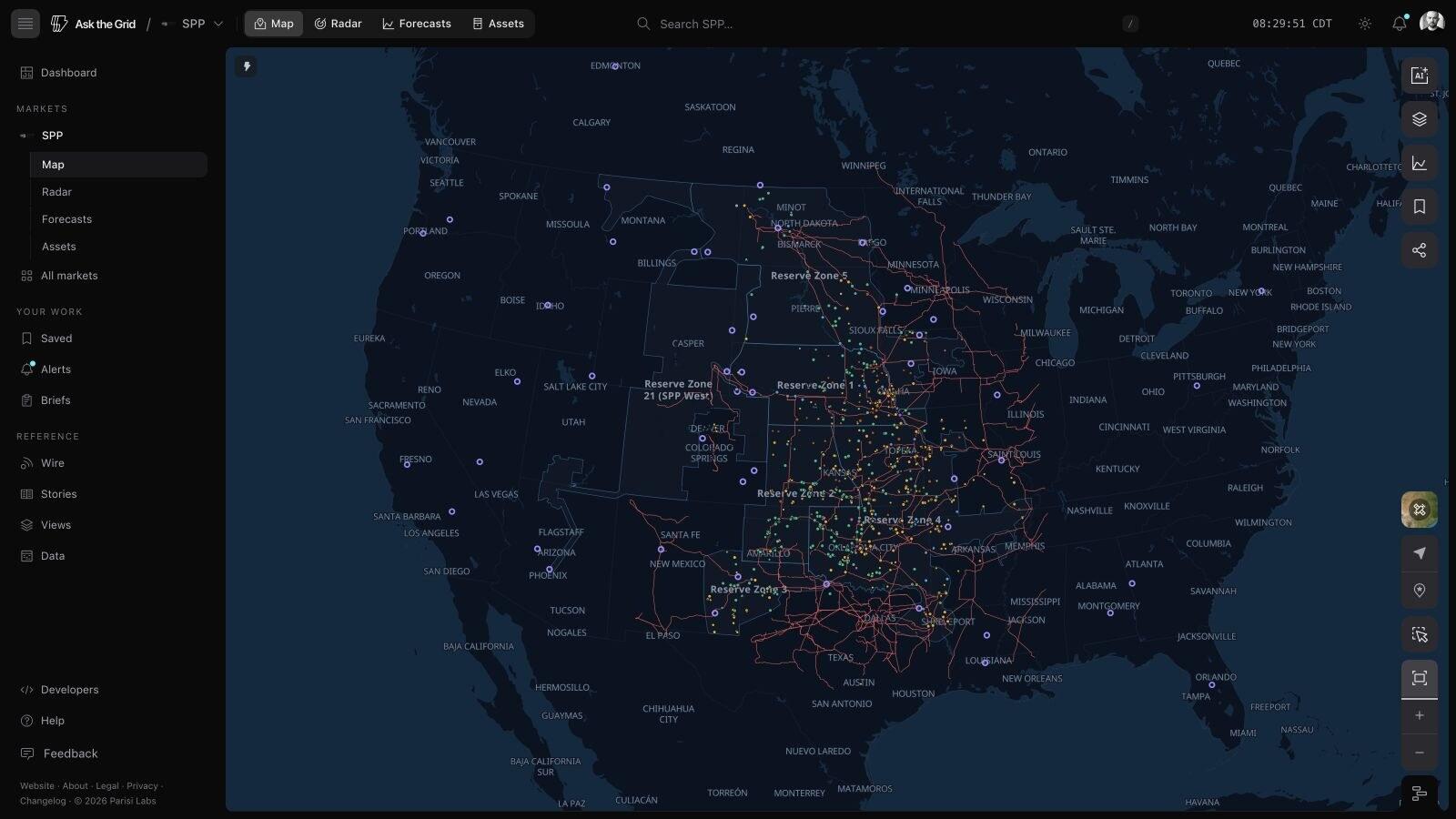 The live SPP map — the multi-state footprint, generation and price nodes, transmission