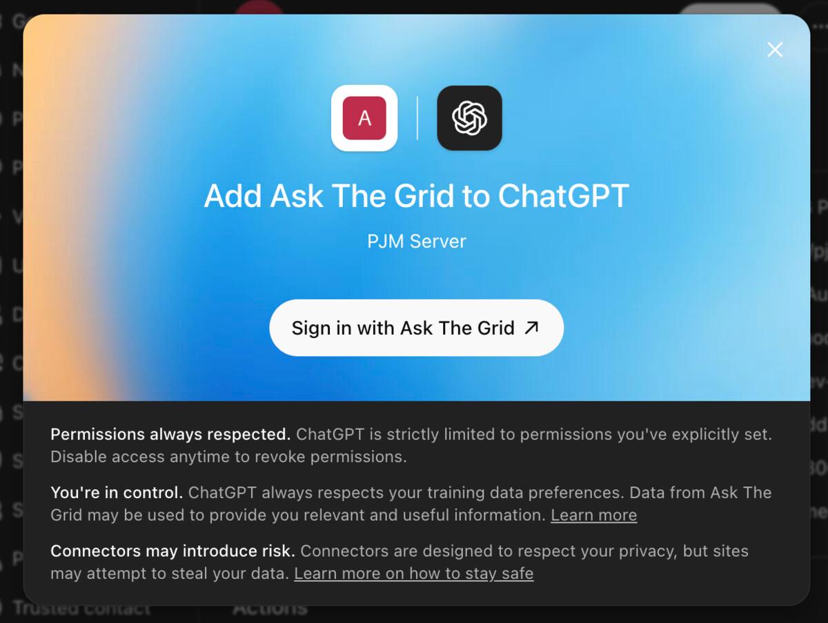ChatGPT's connector dialog: 'Add Ask The Grid to ChatGPT — PJM Server'