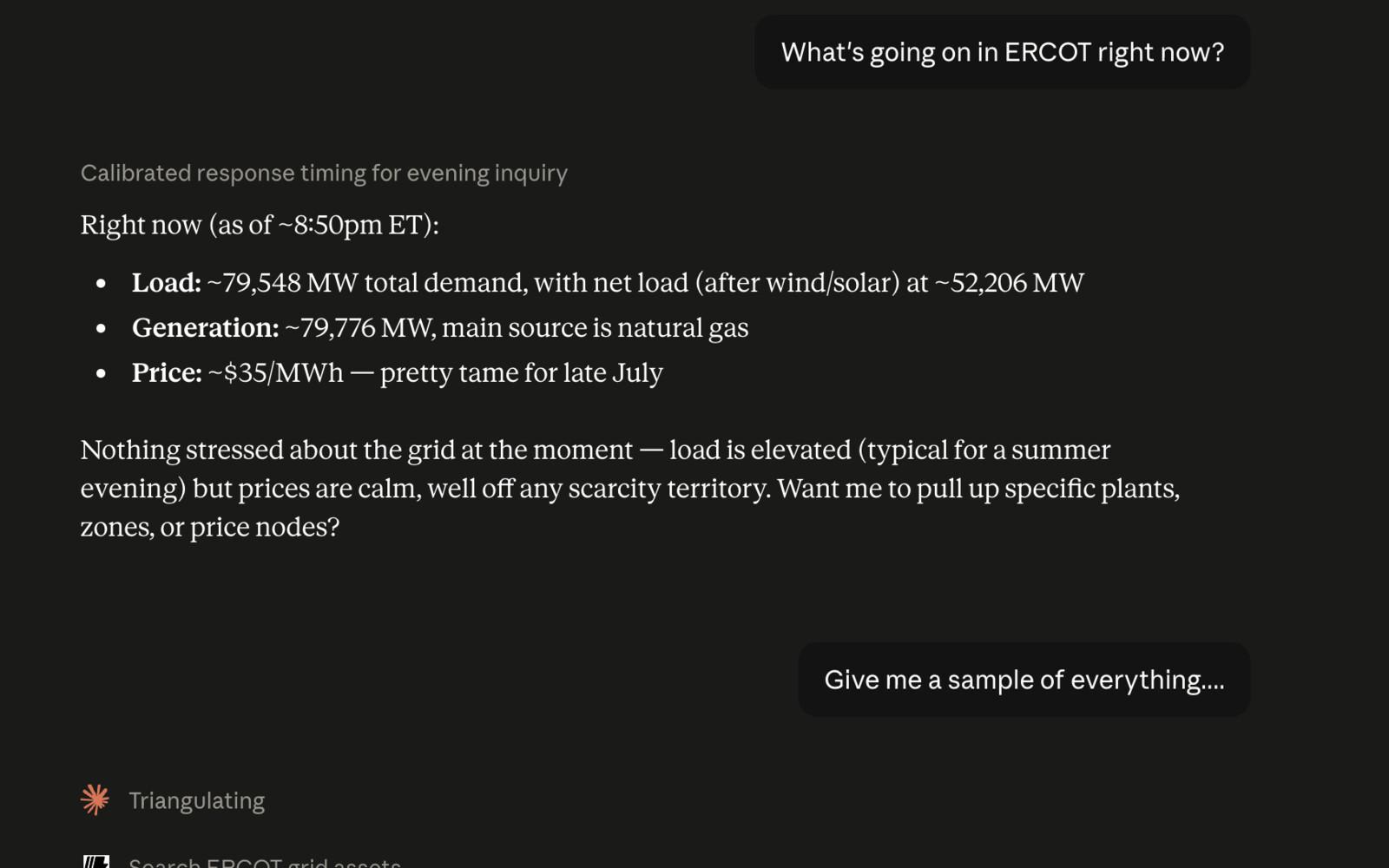 Claude answering with live ERCOT load, generation, and price figures pulled through the MCP server