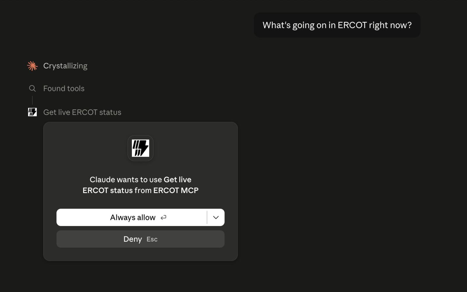 Claude Desktop asking permission to use 'Get live ERCOT status' from the ERCOT MCP server