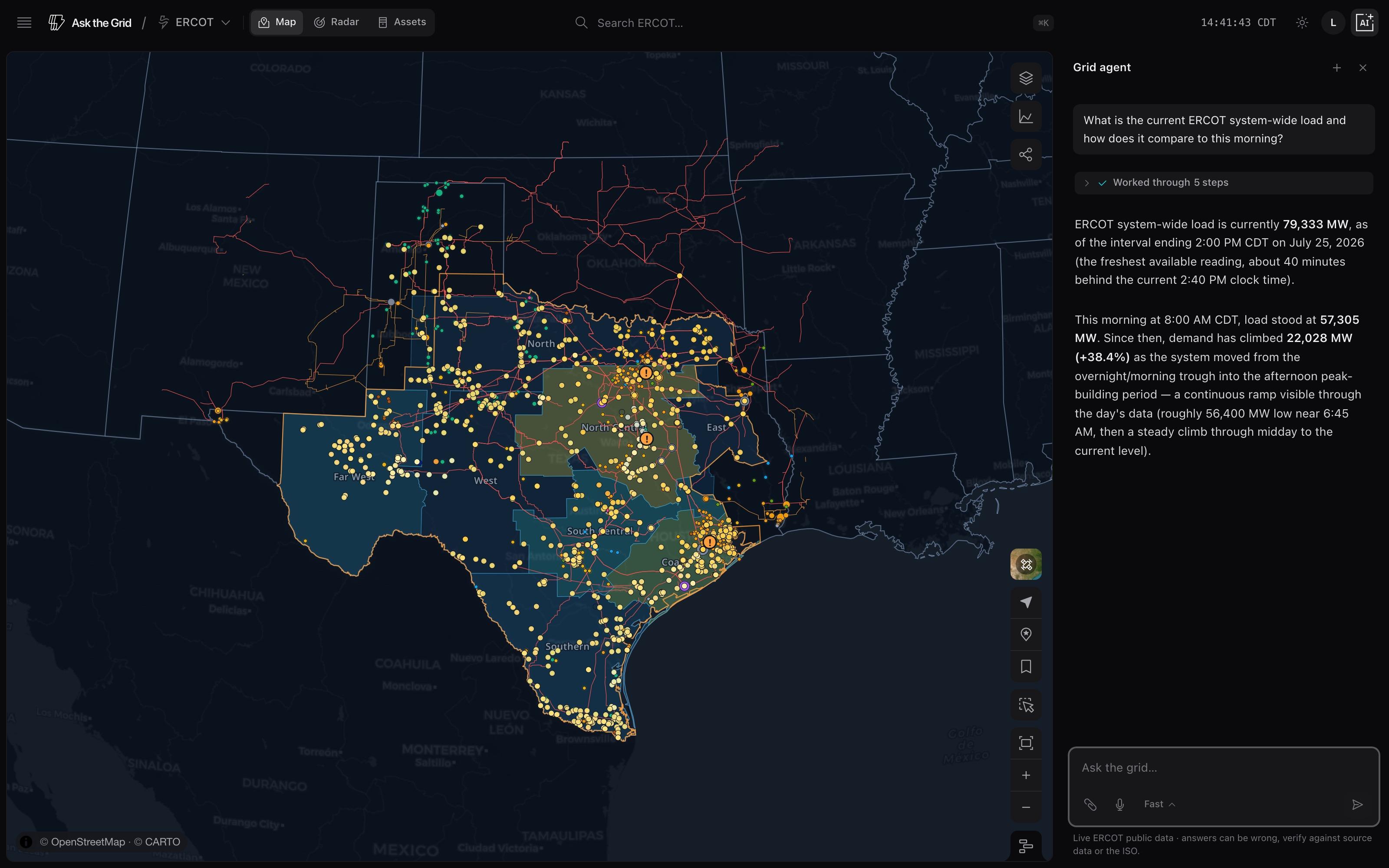 The grid agent answering a sourced question beside the live ERCOT map.