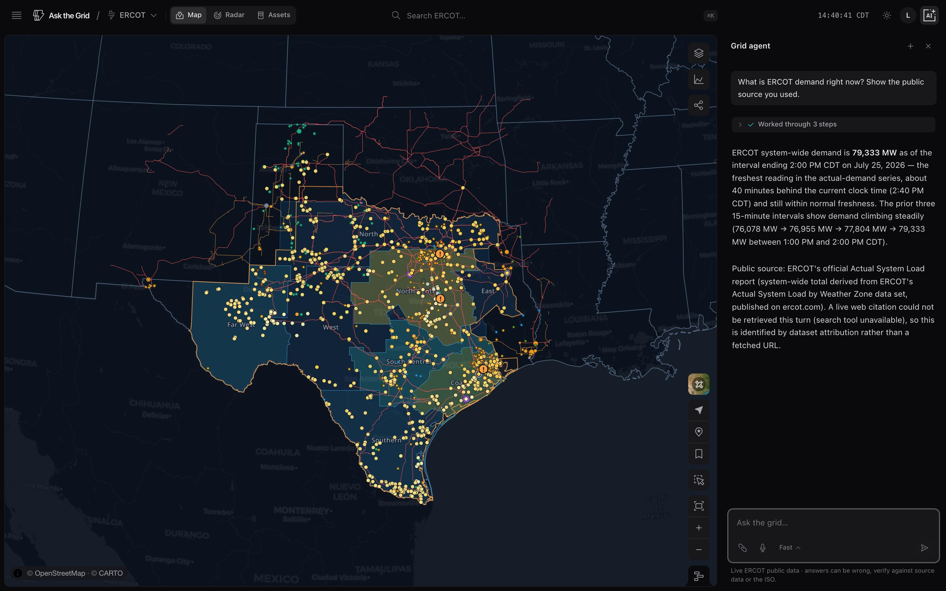 A sourced Ask the Grid answer beside the ERCOT map