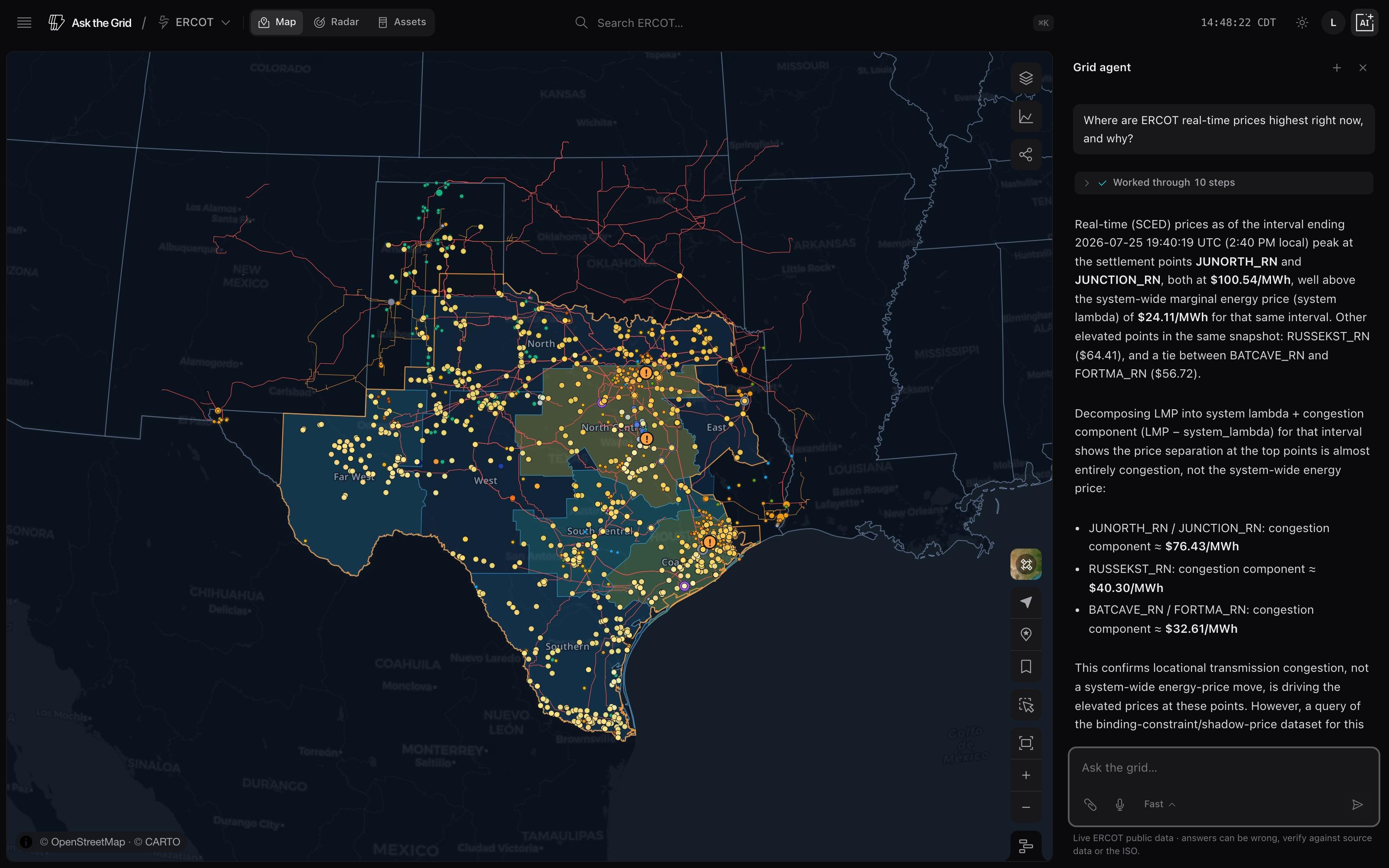 Ask the Grid agent panel with its tool-call trace expanded, mid-answer against the live ERCOT map