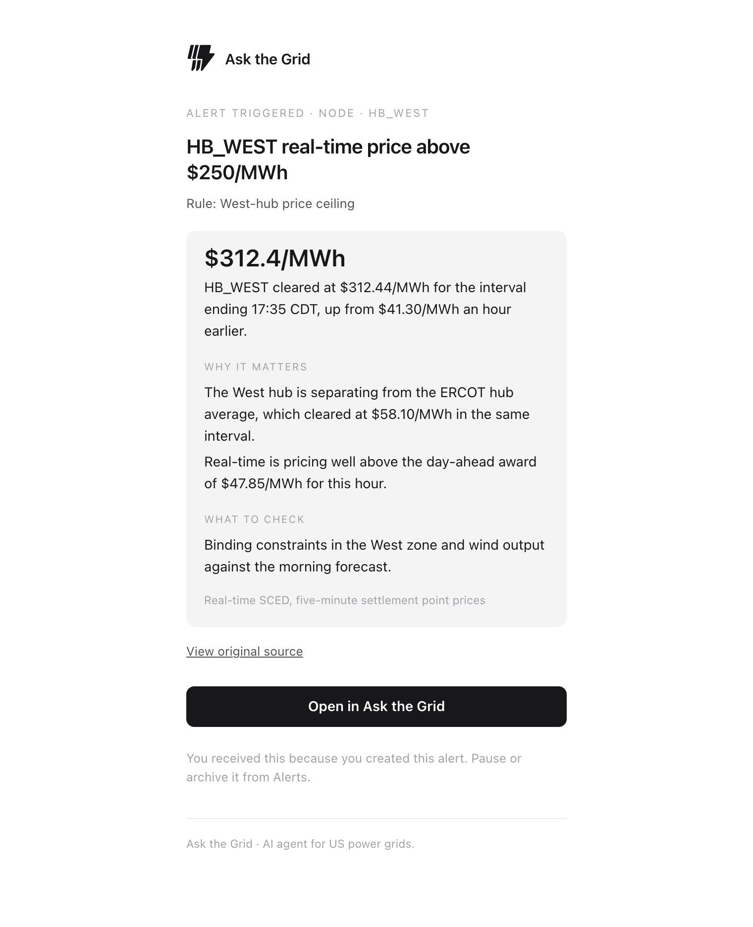 An Ask the Grid alert email: the HB_WEST real-time price ceiling rule firing at $312.4/MWh, with what happened, why it matters, what to check, the source link, and an open-in-app button