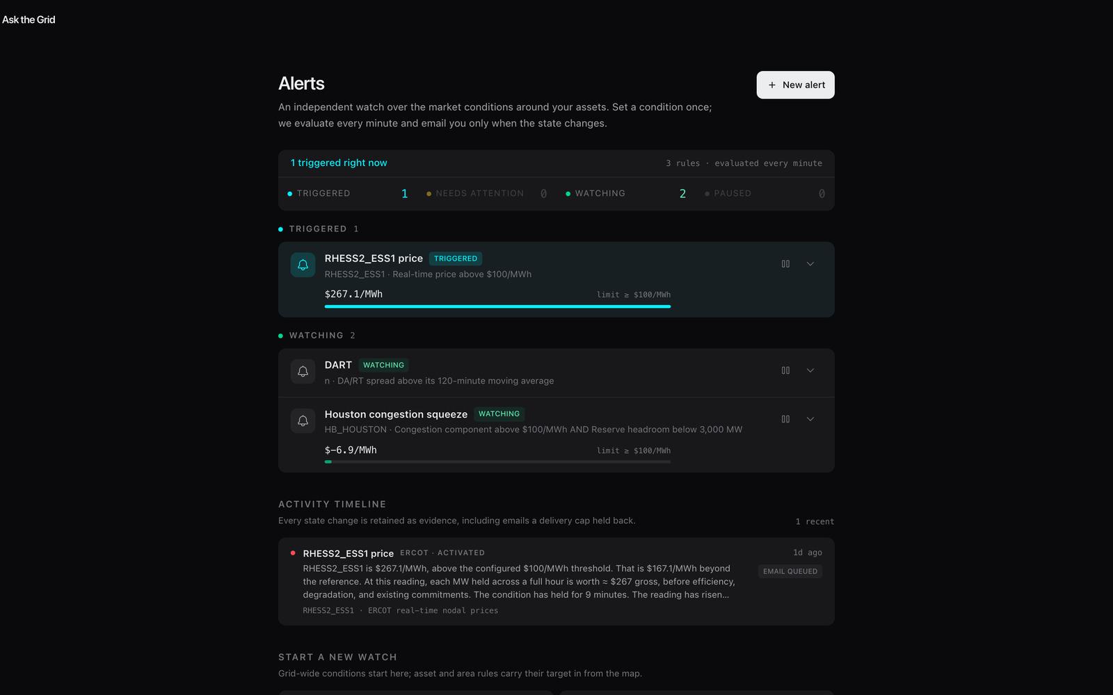 The Ask the Grid alerts inbox: triggered and watching rules, and an activity timeline entry with full trigger evidence
