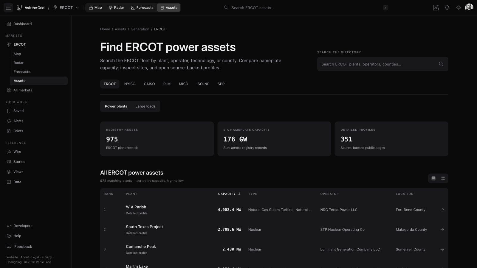 The ERCOT asset directory in Ask the Grid — registry assets, EIA nameplate capacity, and detailed-profile counts above a ranked table of plants with capacity, technology, operator, and location