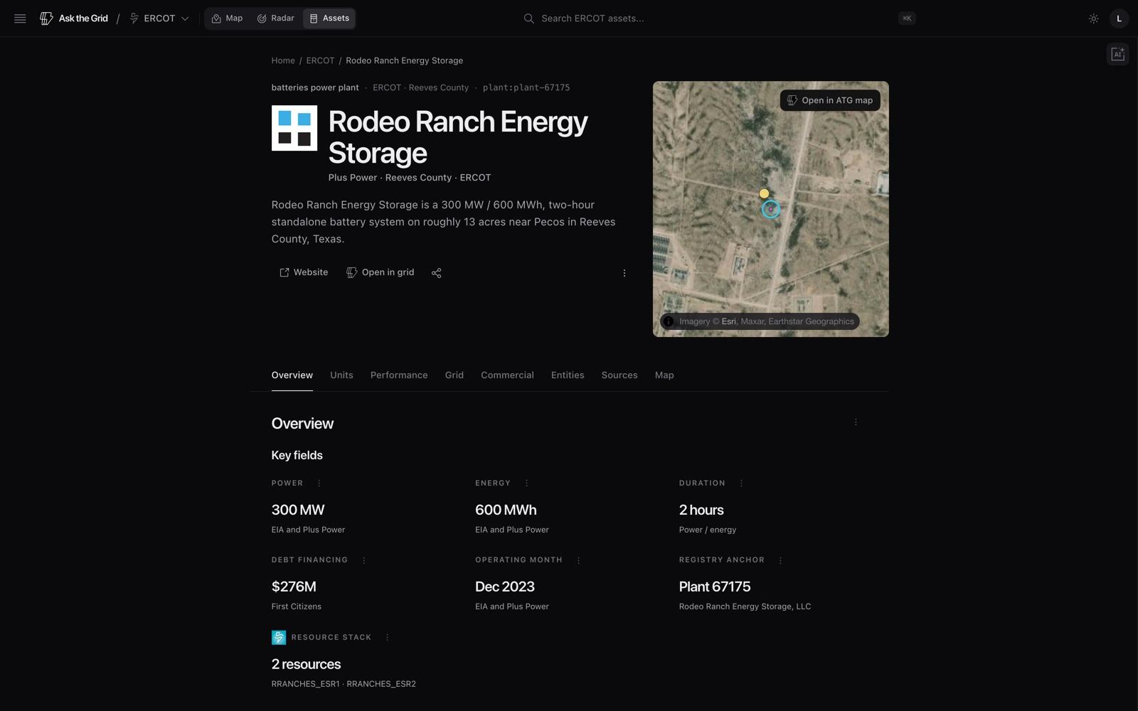An Ask the Grid battery asset profile with operating details and a site map.