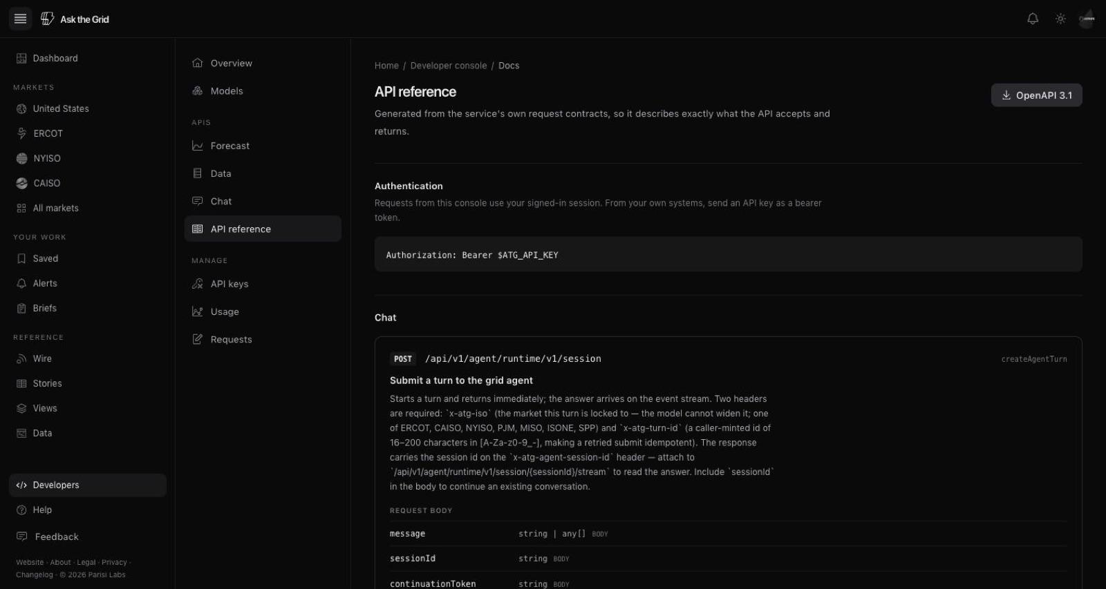 The developer console API reference showing generated operations, parameters, request schemas, responses, and authorization requirements.