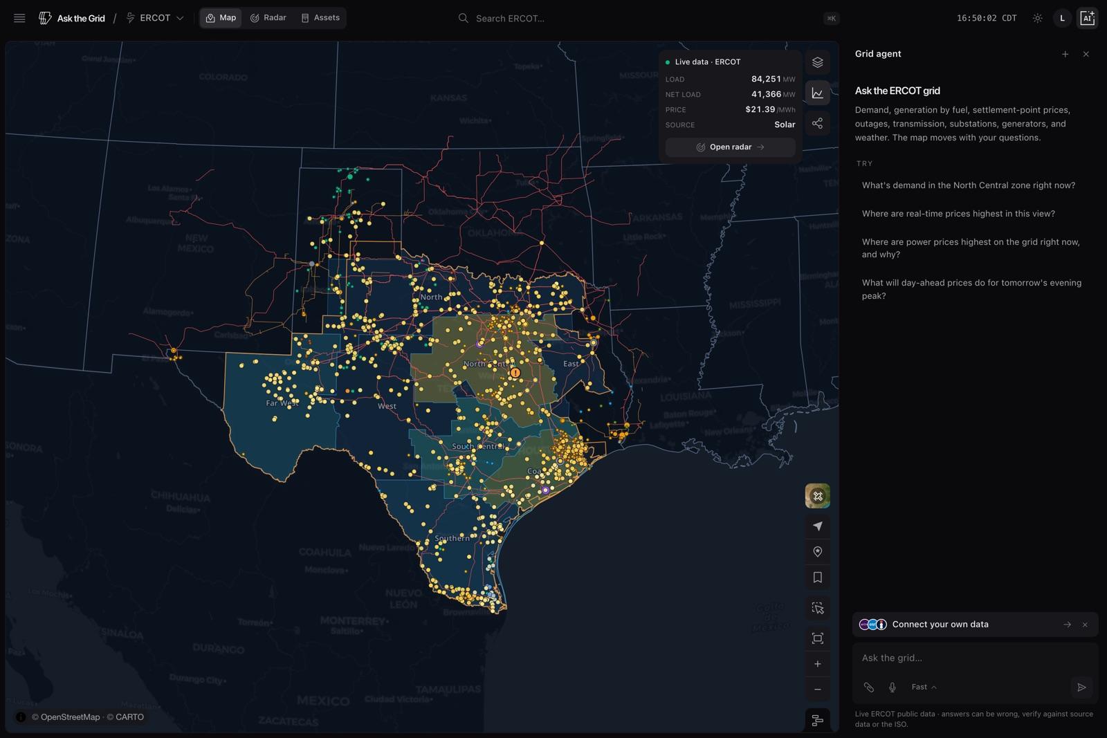 The live ERCOT map with market conditions and the grid agent open.