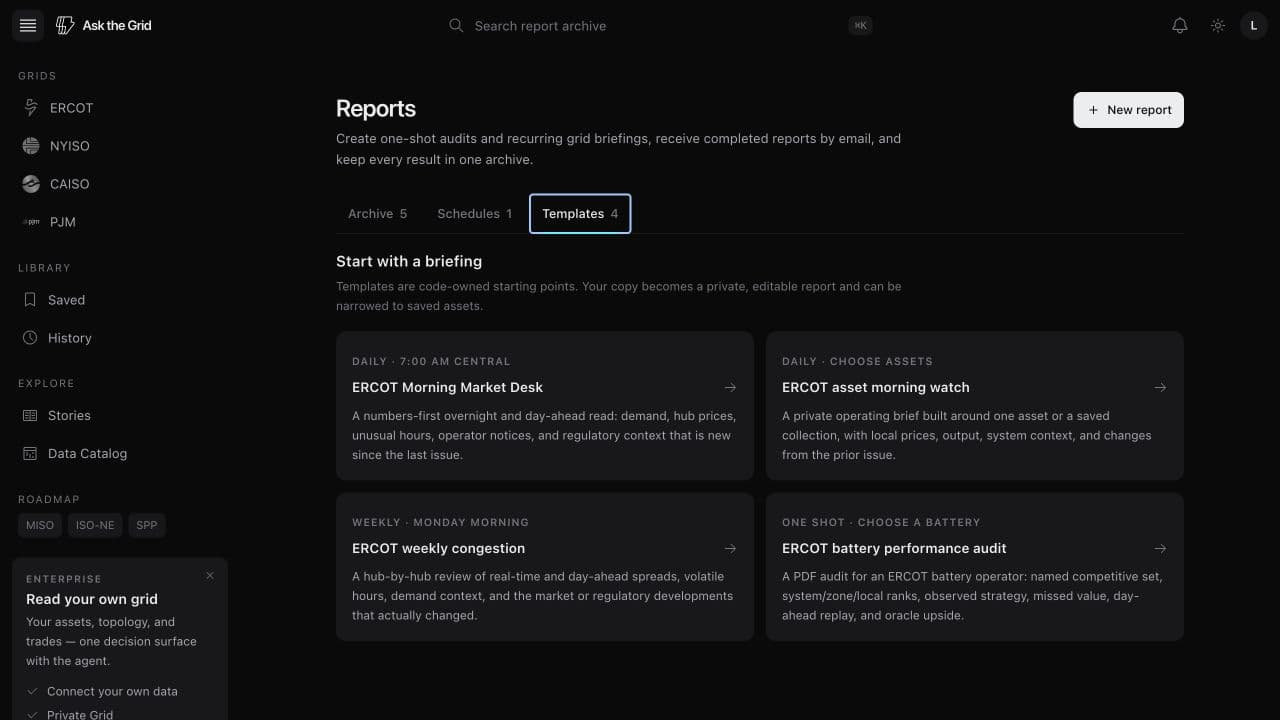 The Reports templates tab showing source-backed briefing templates with actions to review or use each one.