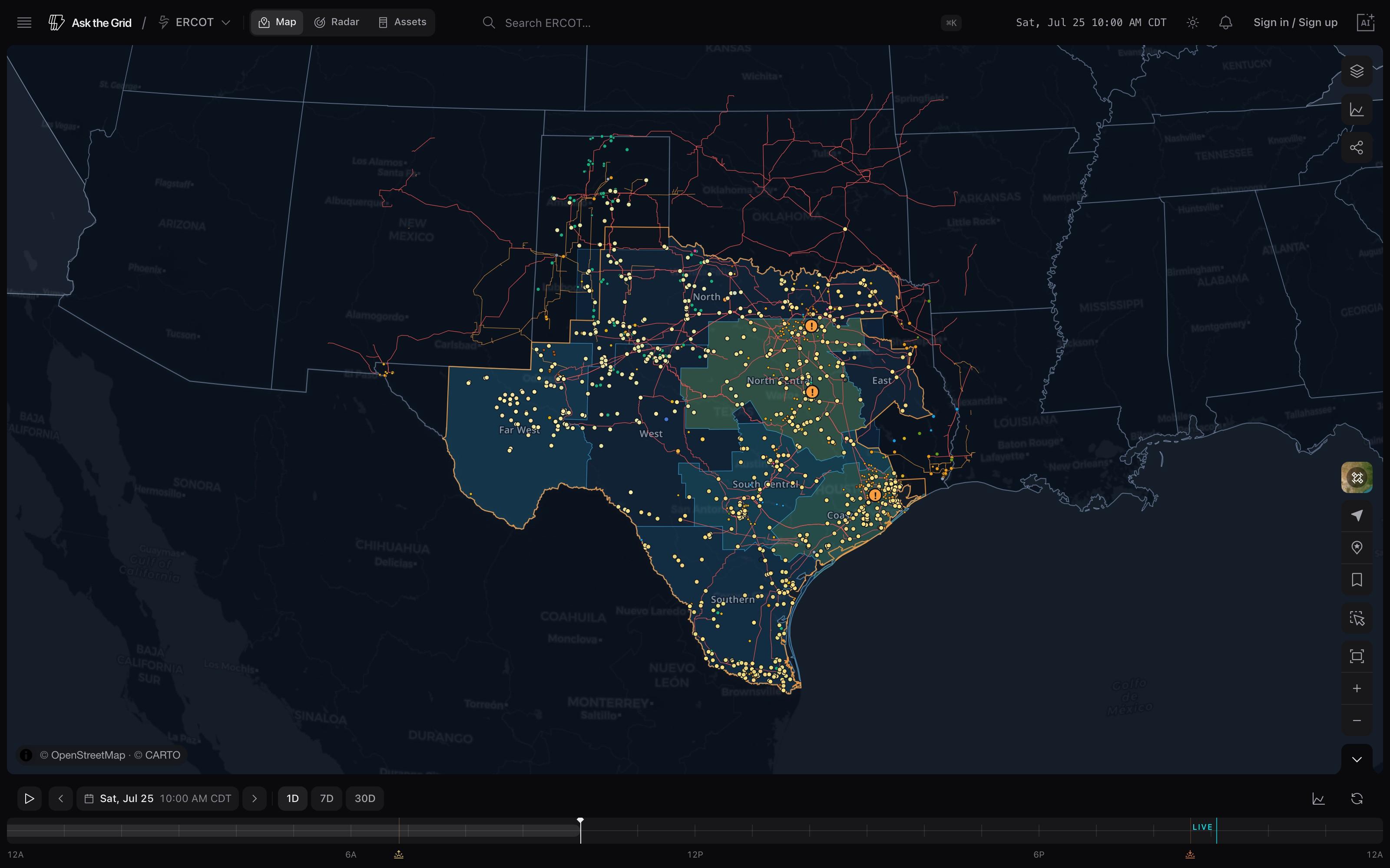Live ERCOT map at 10 AM CDT, generation layer on — real capture, not a render