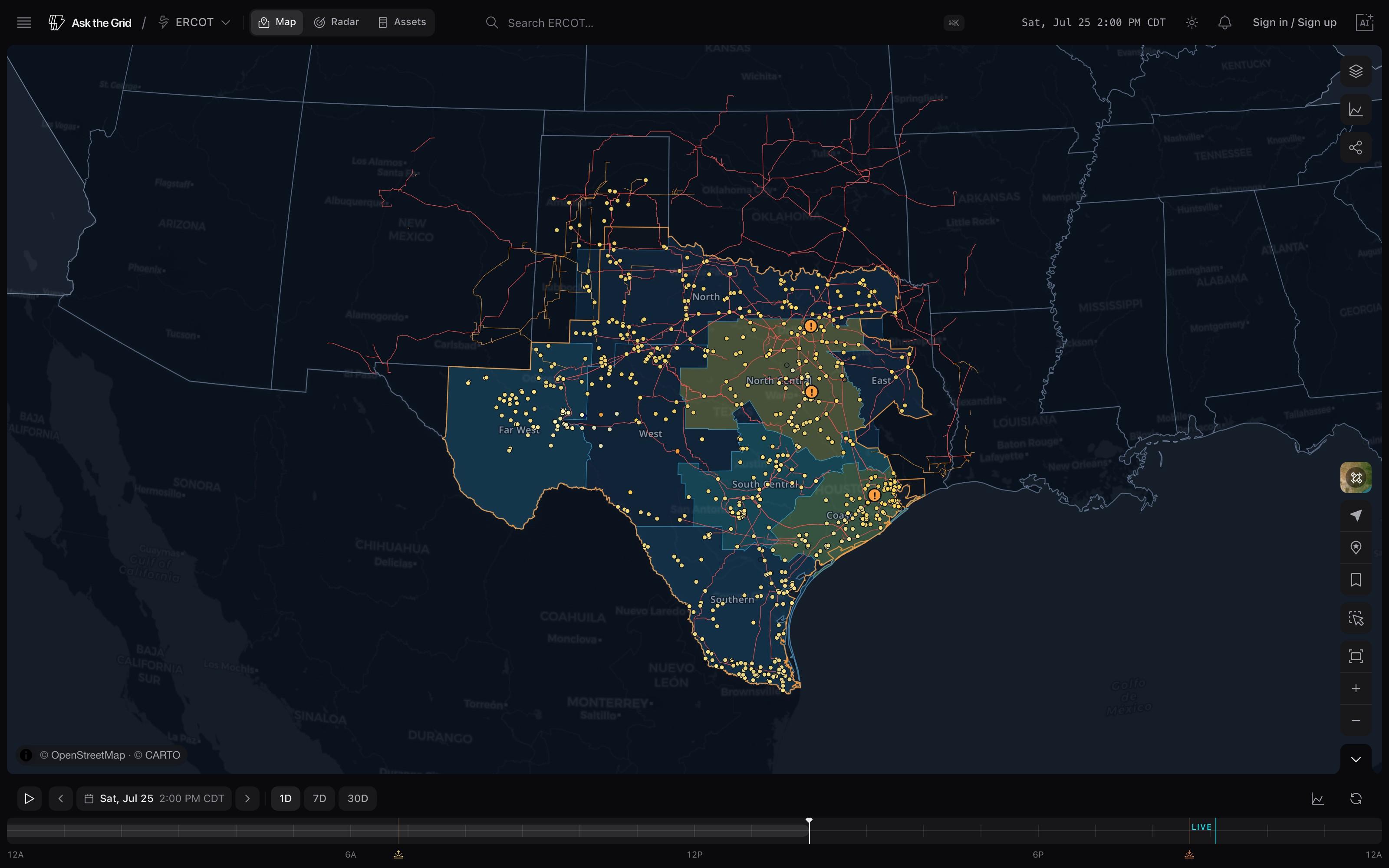 Live ERCOT map at 2 PM CDT, generation layer on — real capture, not a render
