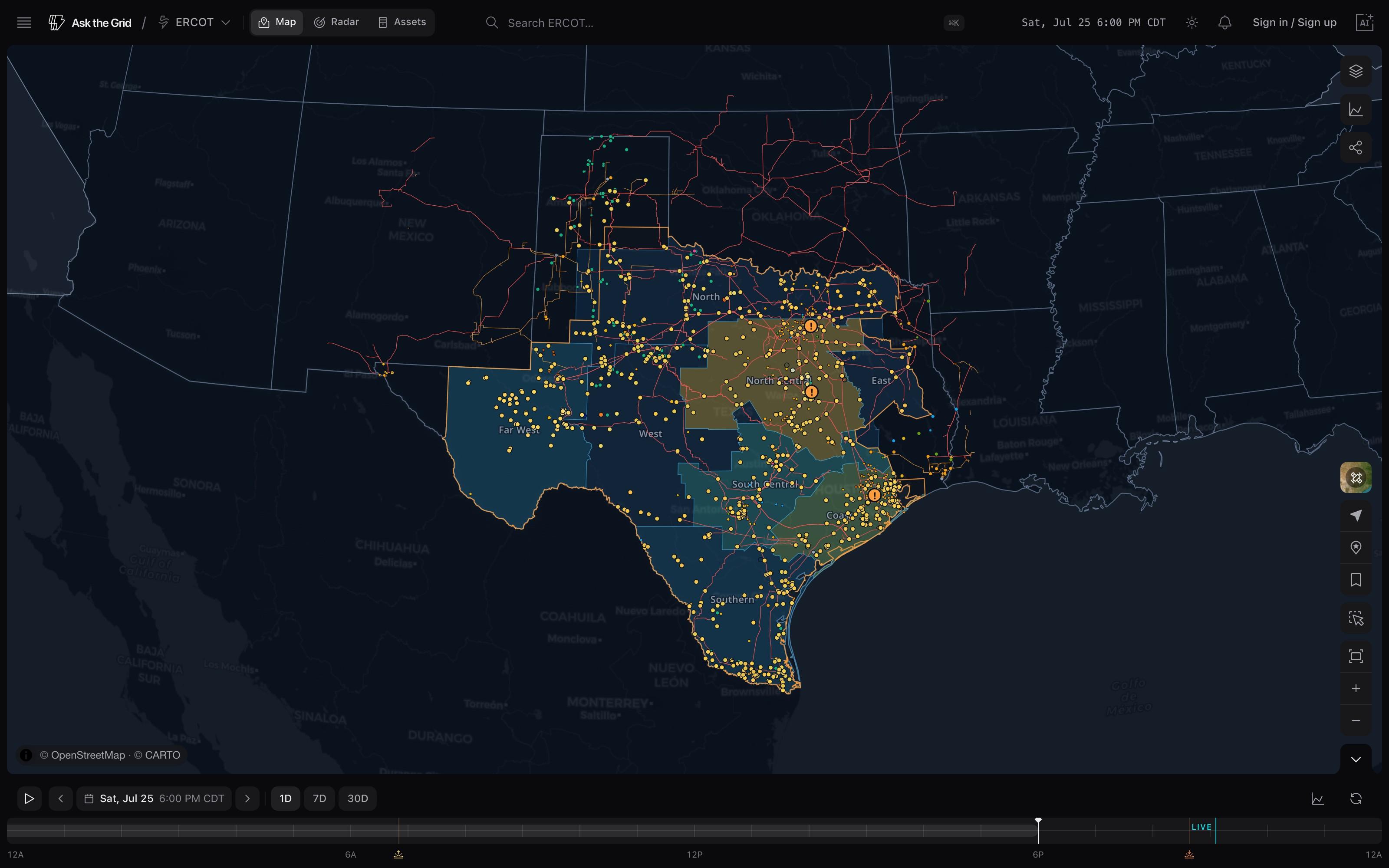Live ERCOT map at 6 PM CDT, generation layer on — real capture, not a render