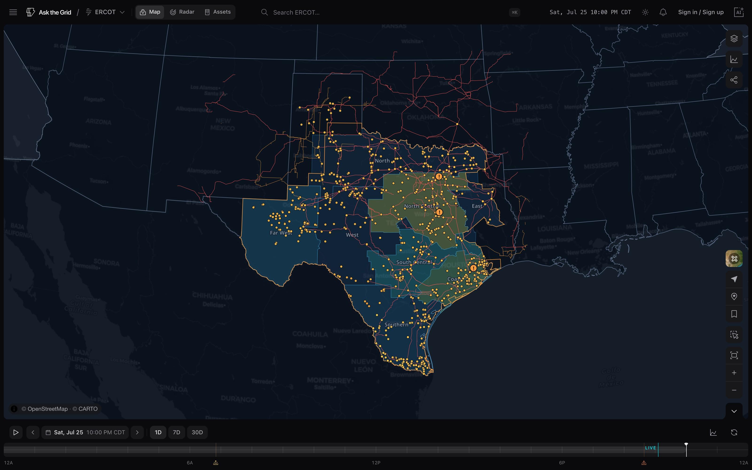 Live ERCOT map at 10 PM CDT, generation layer on — real capture, not a render