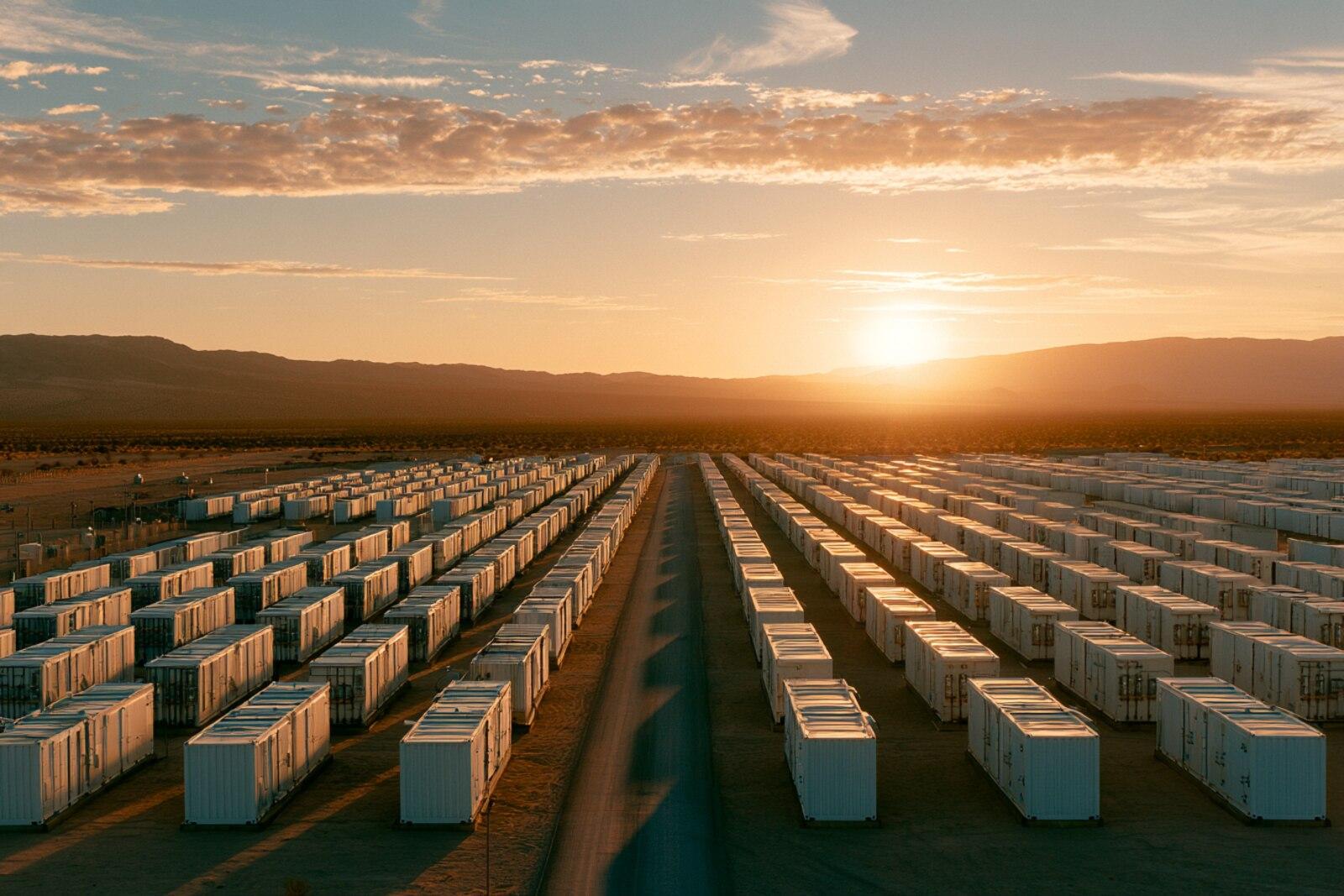 Rows of containerized battery storage units stretching to the horizon at sunset