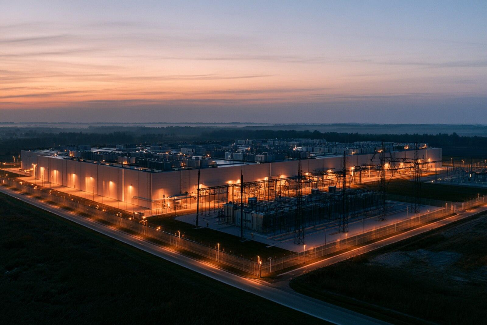 A data center campus and its dedicated substation lit at dusk