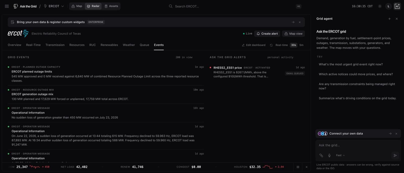 Radar Events desk showing a chronological feed of ERCOT grid events and operator messages