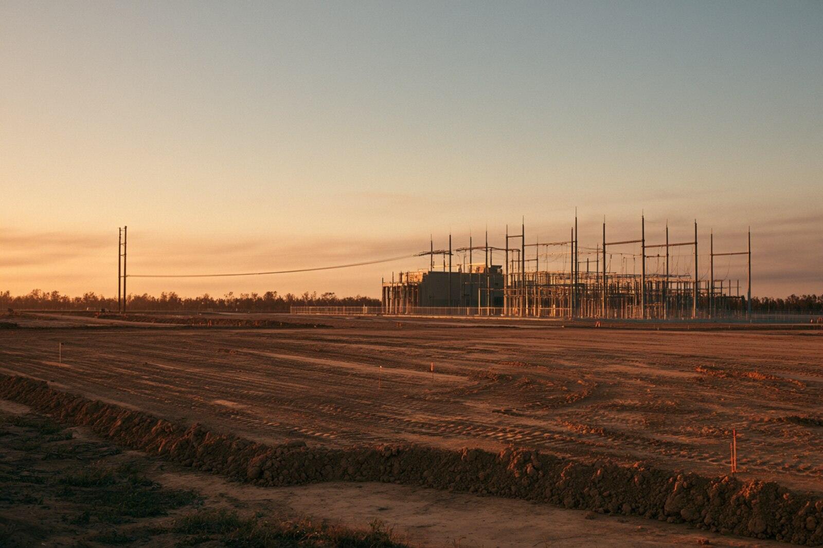 An empty graded development site beside a high-voltage substation at dusk