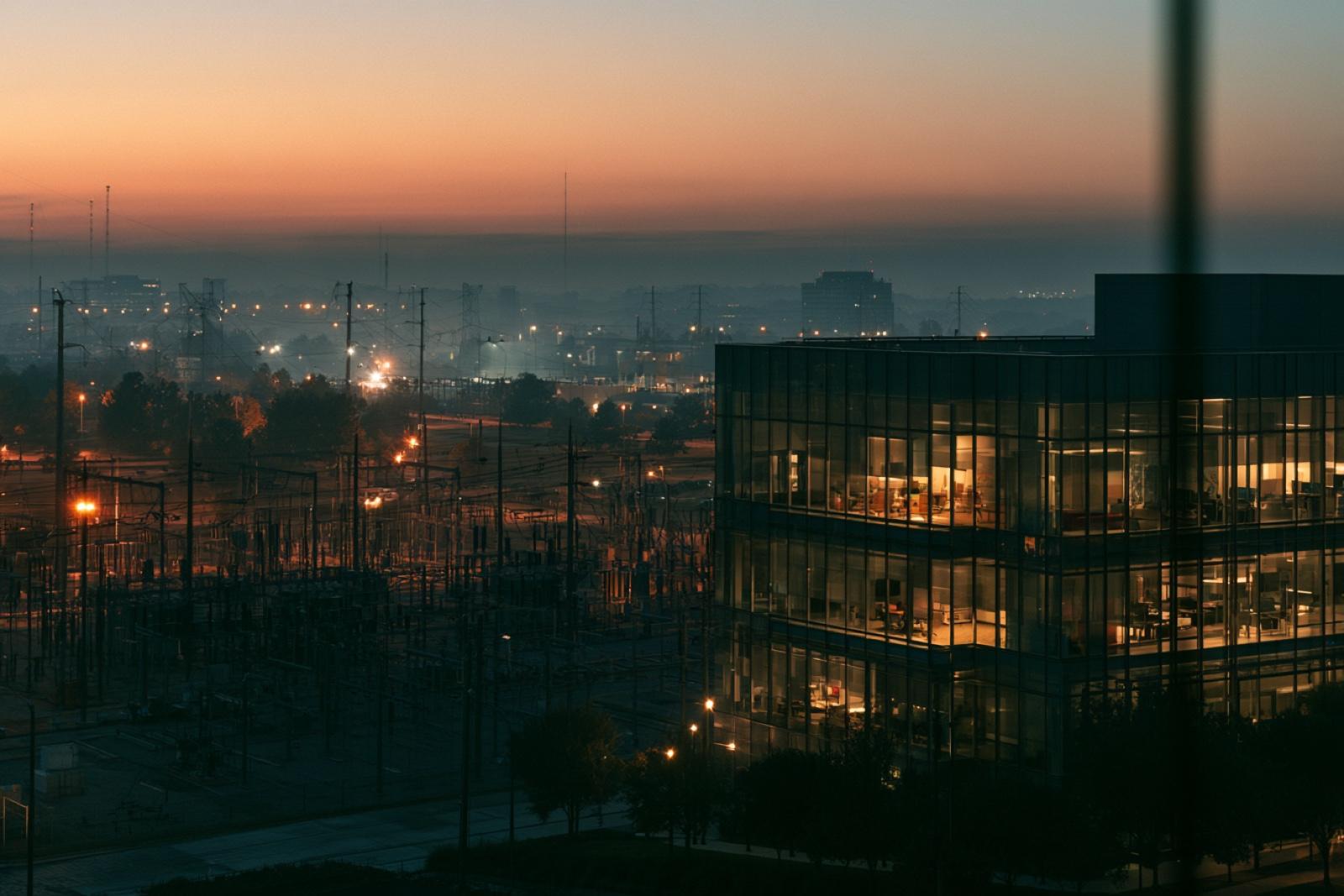 A substation switchyard at dusk with a lit newsroom building in the distance