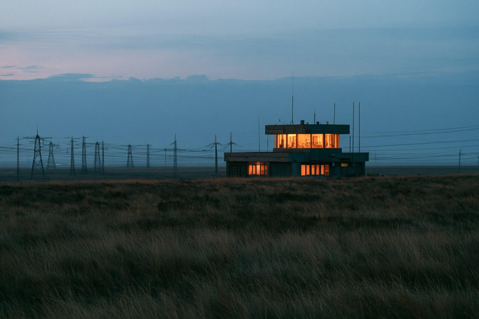 A grid control building lit at dusk on the open plains, transmission lines converging in the distance
