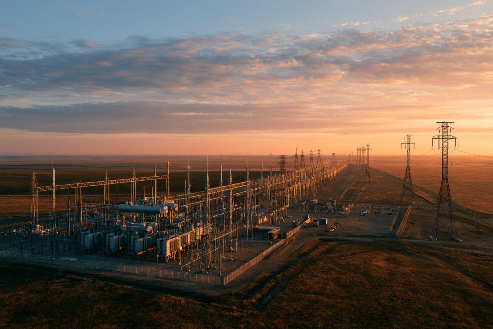 A substation switchyard with a single transmission corridor extending toward the horizon at golden hour