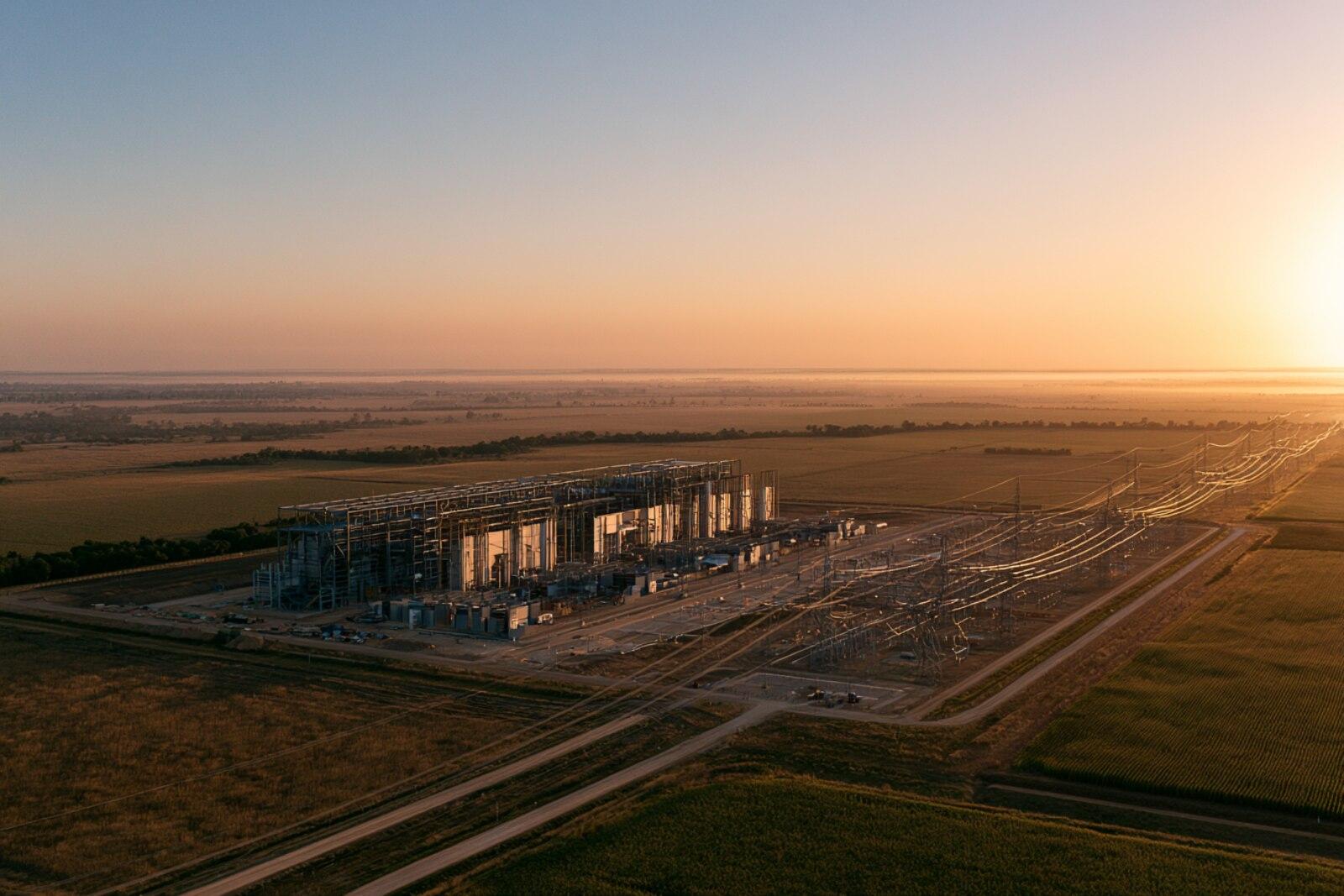 An industrial facility under construction beside farmland, transmission lines converging on a new switchyard