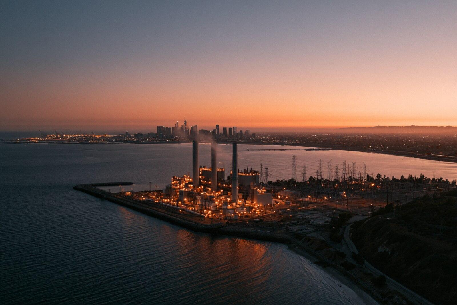 A coastal power plant beside a city skyline at dusk, stacks lit against the fading light