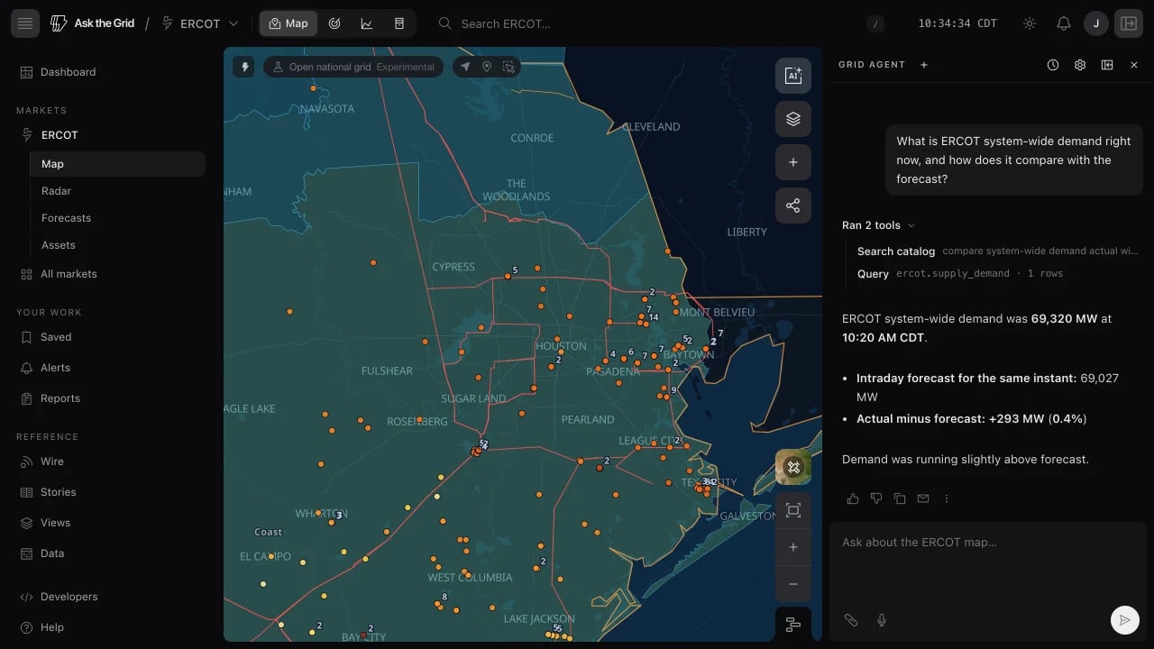 The grid agent beside the ERCOT map, with an expanded catalog search and query trace above an answer comparing demand with the intraday forecast.
