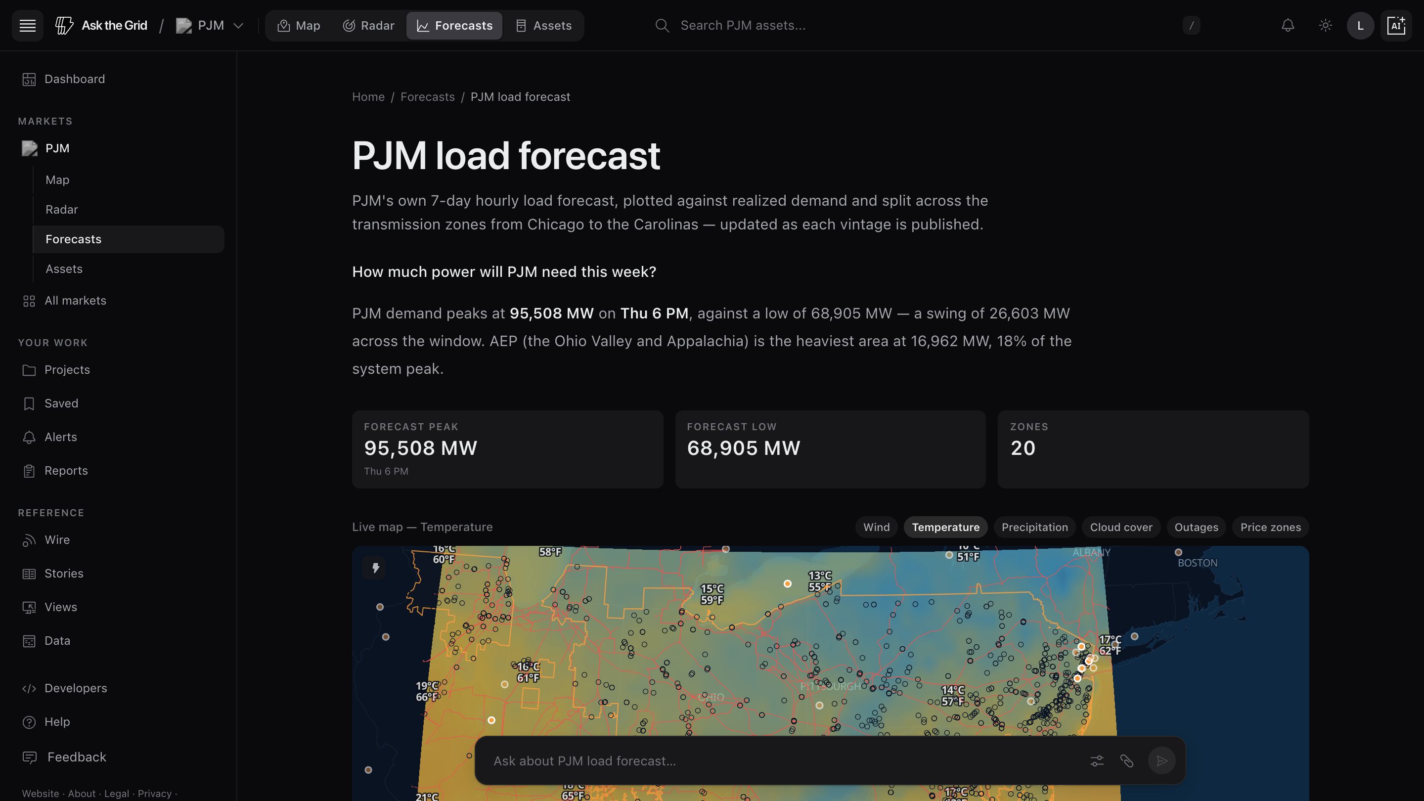 PJM seven-day load forecast with system peak, low, twenty zones, and temperature context on the live map