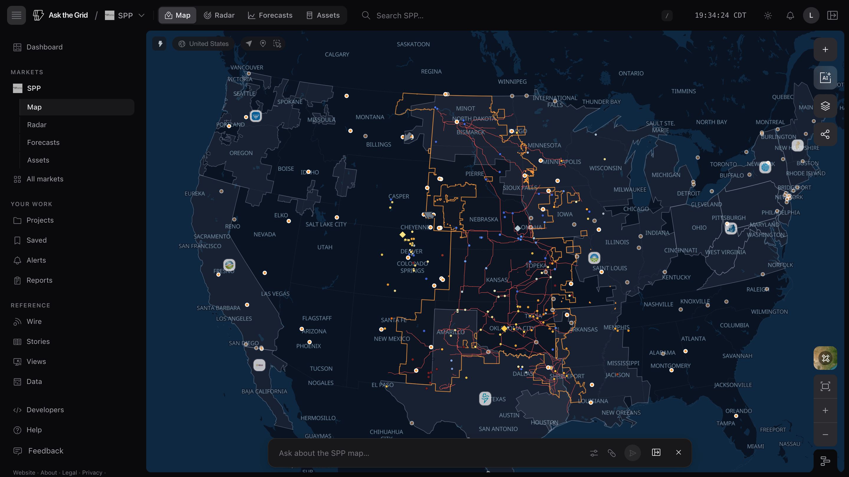 The live SPP map — the multi-state footprint, generation and price nodes, transmission