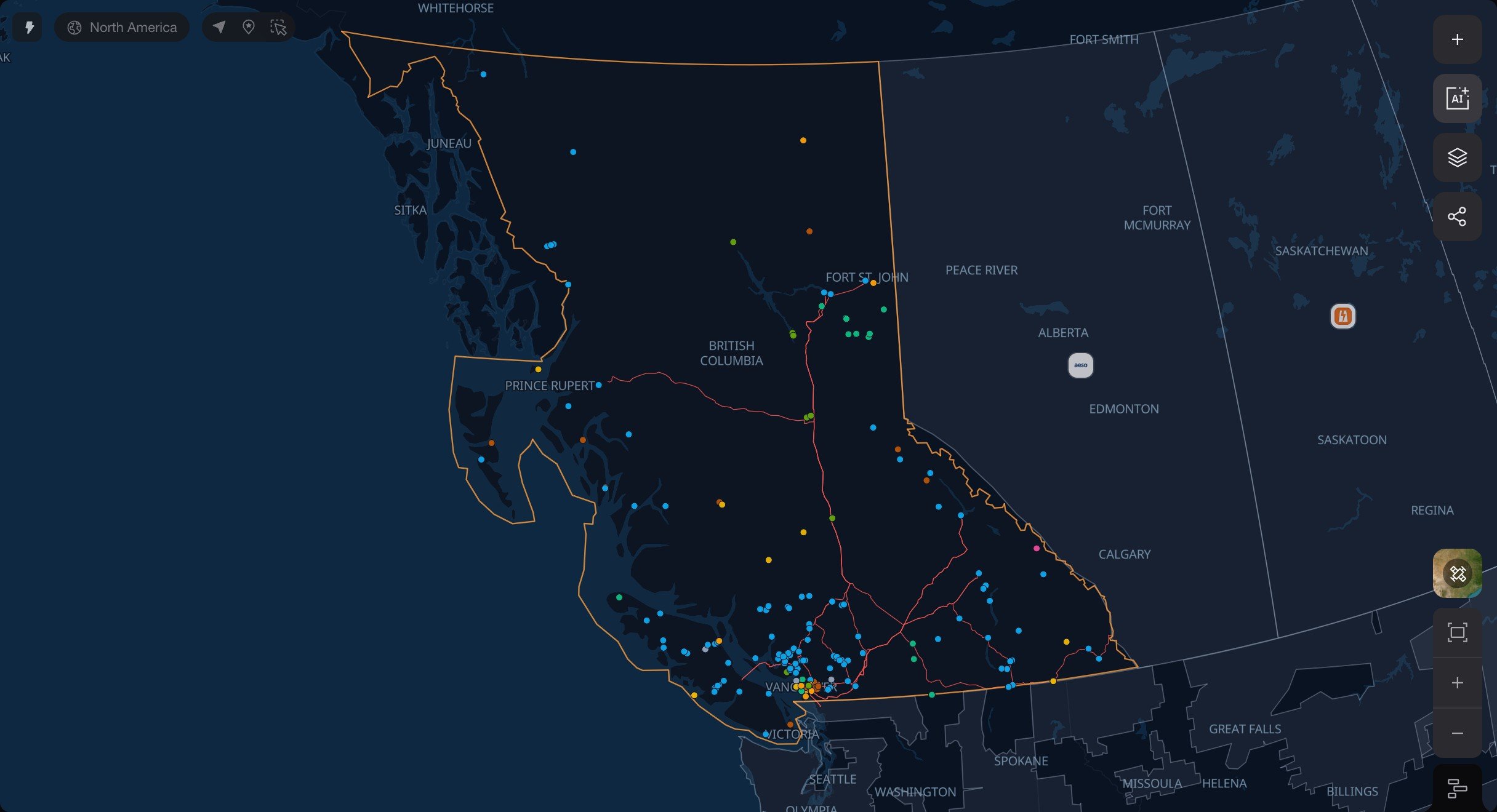 BC Hydro infrastructure map across British Columbia