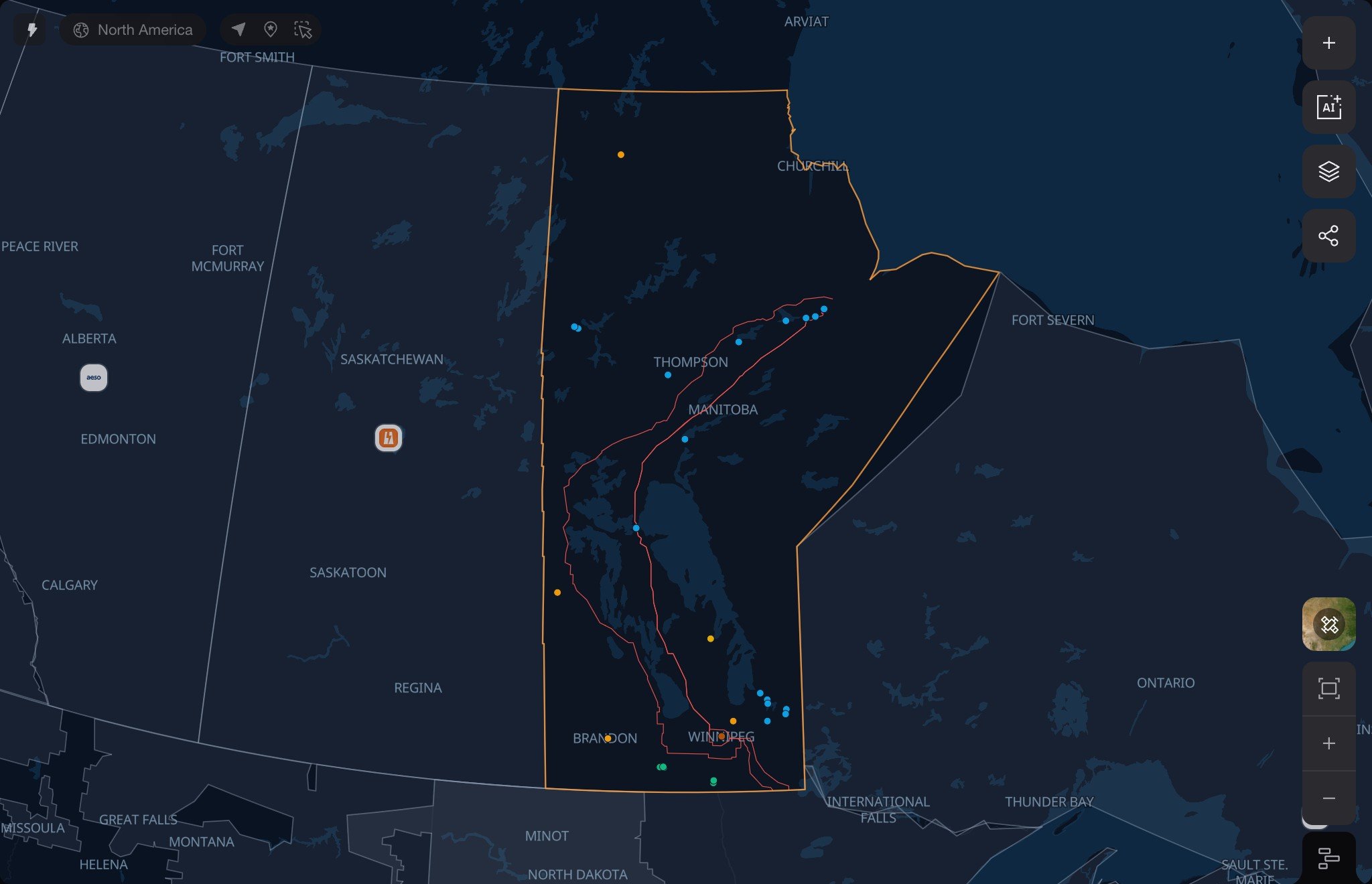 Manitoba Hydro infrastructure map across Manitoba