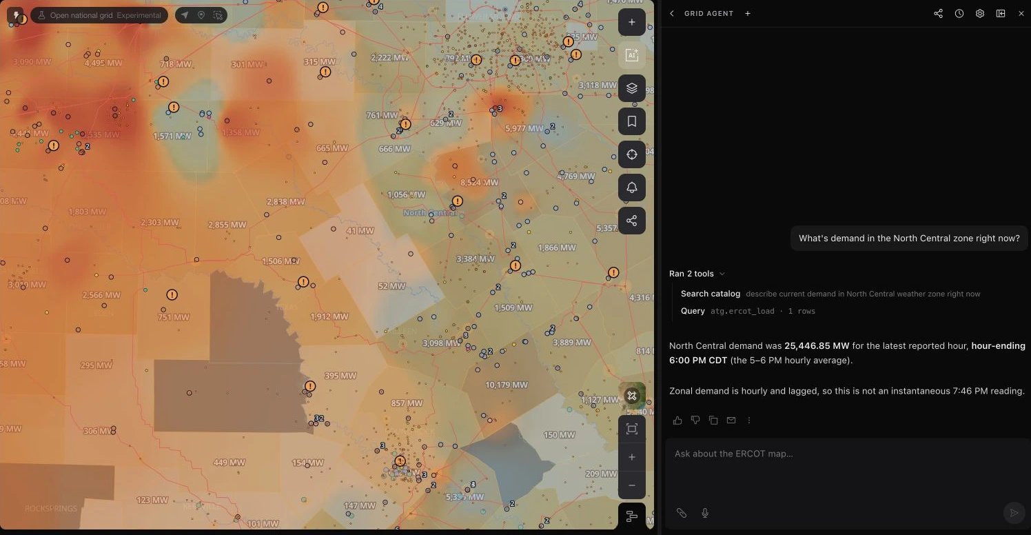 The grid agent answering a North Central demand question with dataset and time scope visible