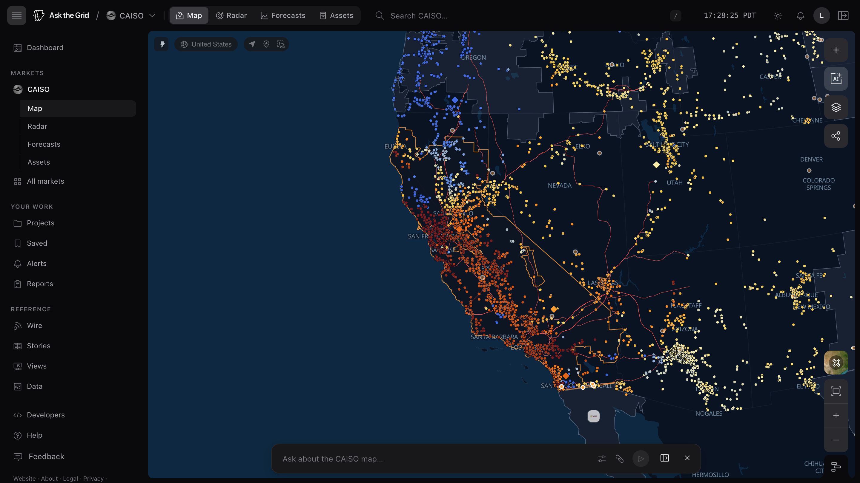 The live CAISO map — California TAC zones, generation and price nodes, transmission