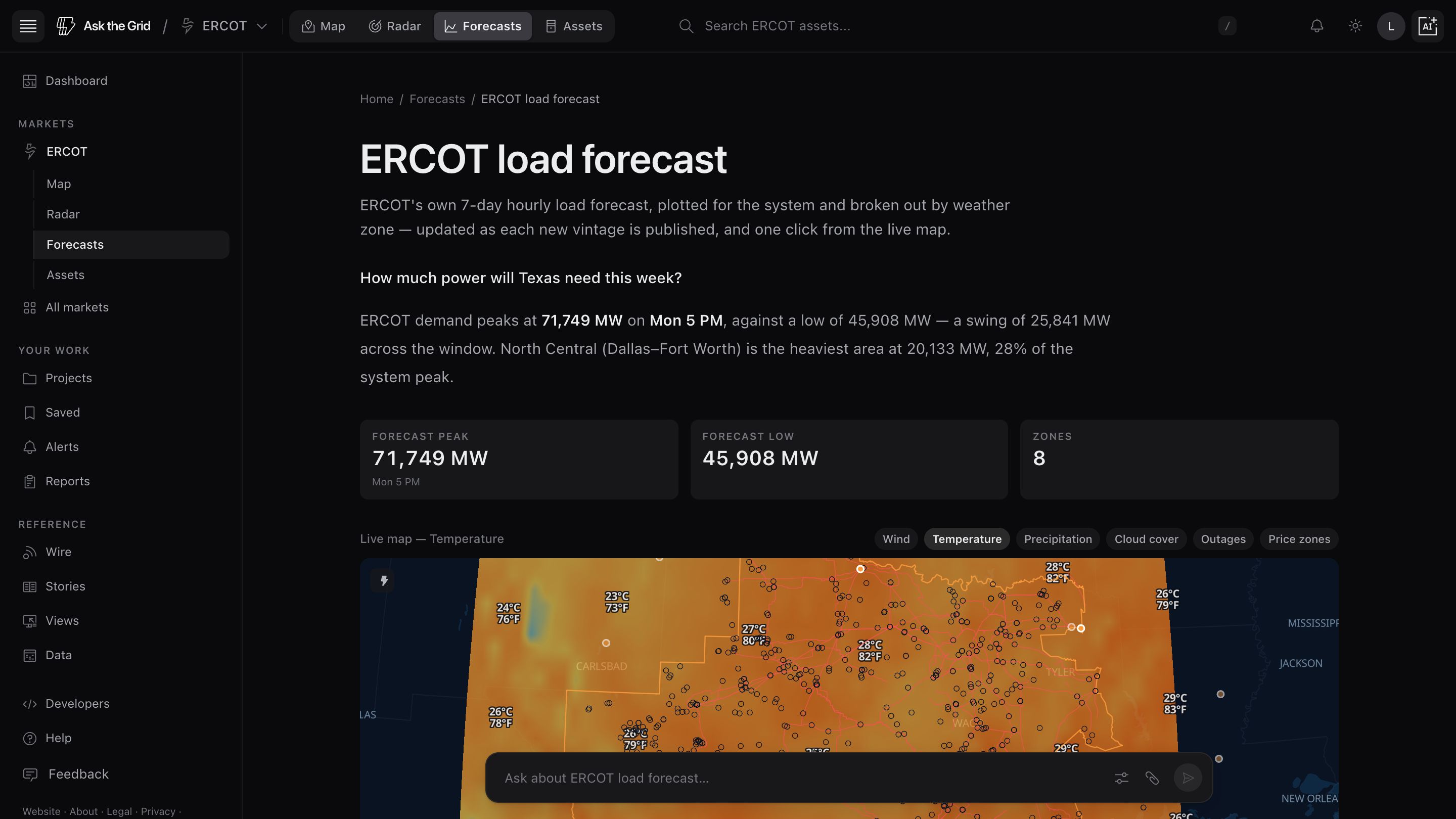 ERCOT seven-day load forecast with peak, low, eight weather zones, and the temperature layer on the live map
