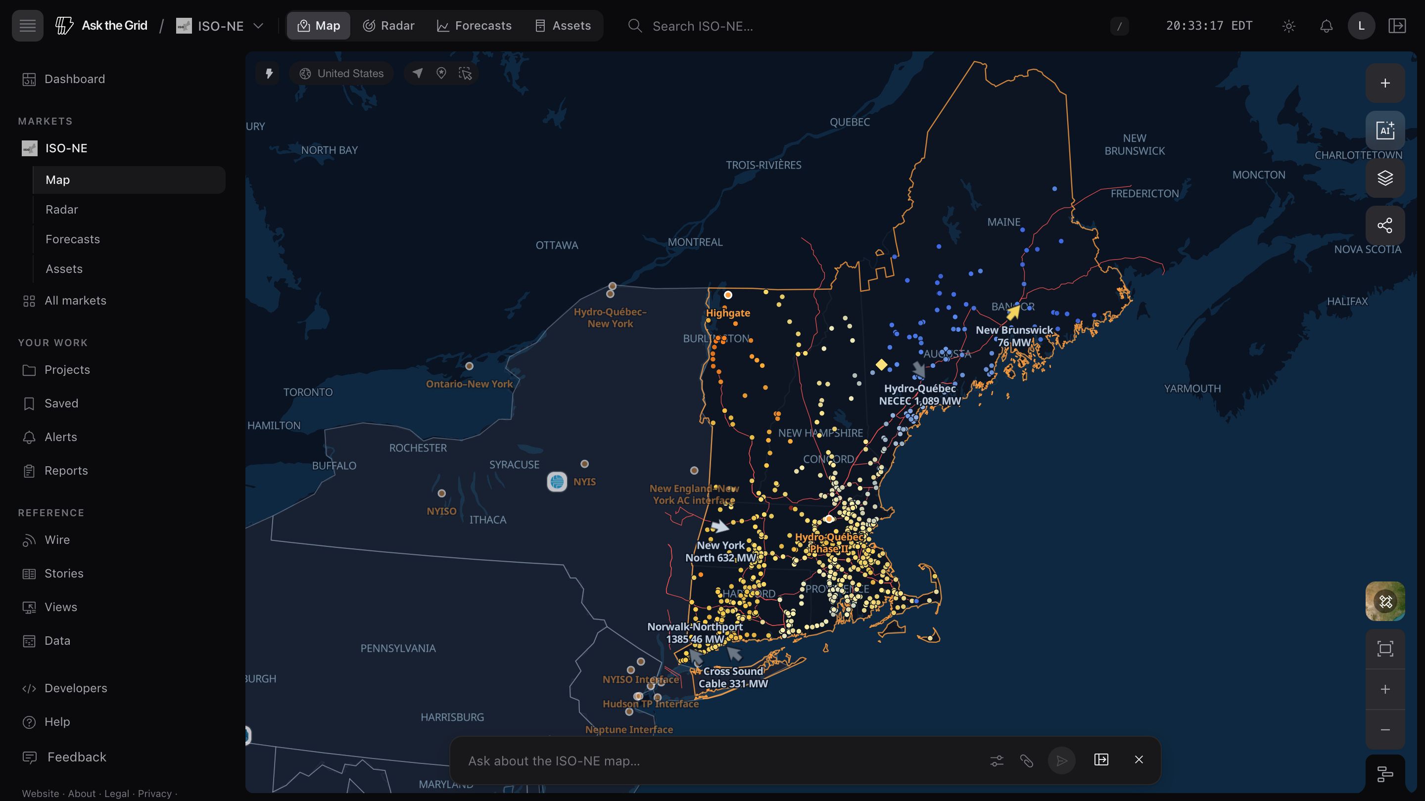 The live ISO-NE map — the New England footprint, generation and price nodes, transmission