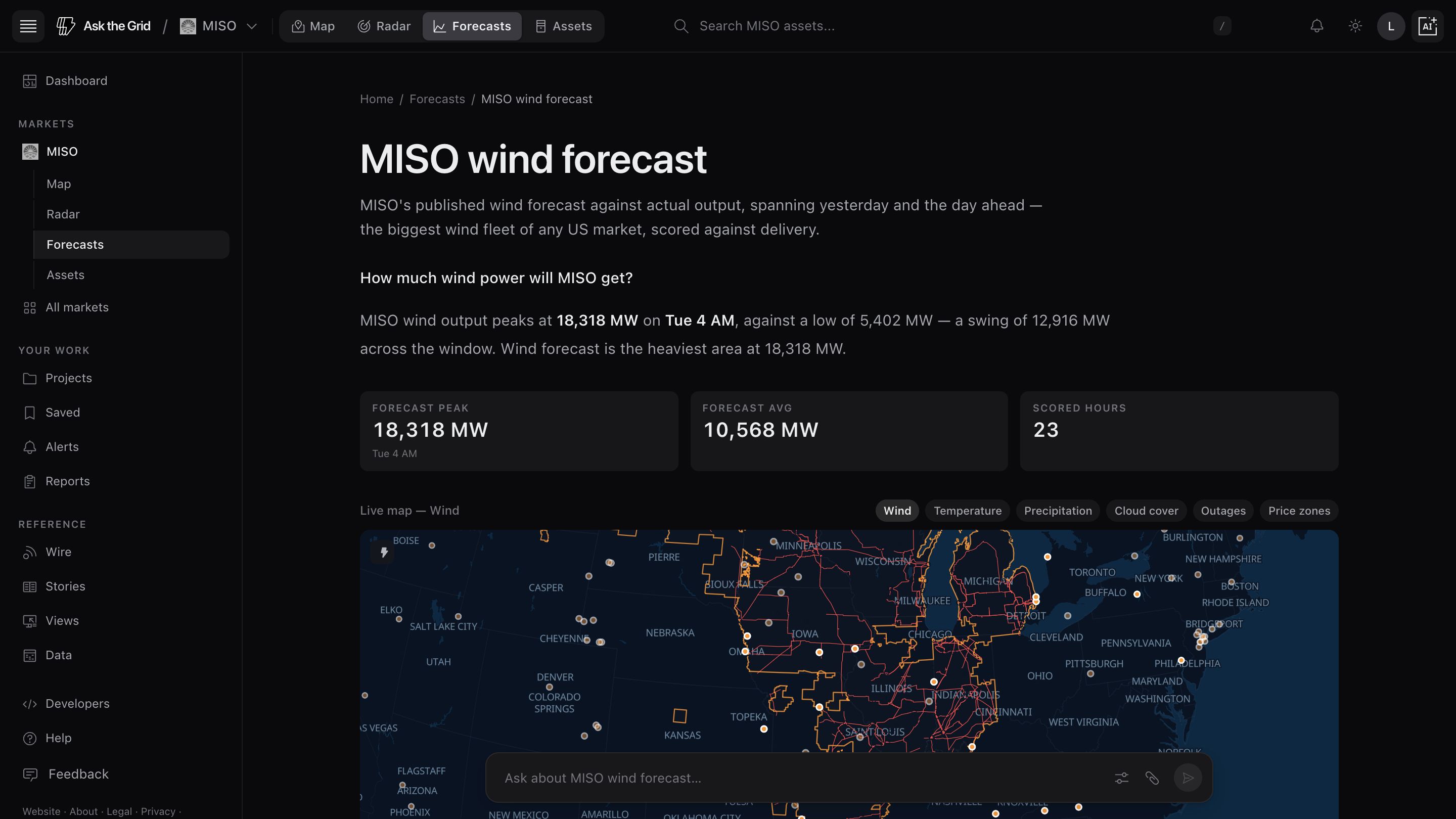 MISO wind forecast with forecast peak, average, scored hours, and wind context on the continent-scale live map
