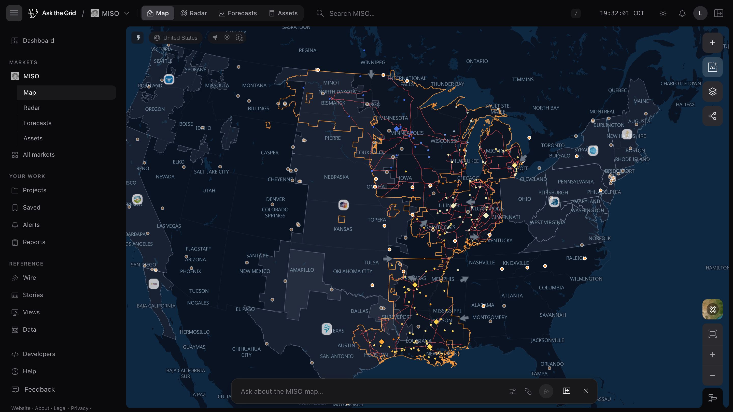The live MISO map — the north-south footprint, generation and price nodes, transmission