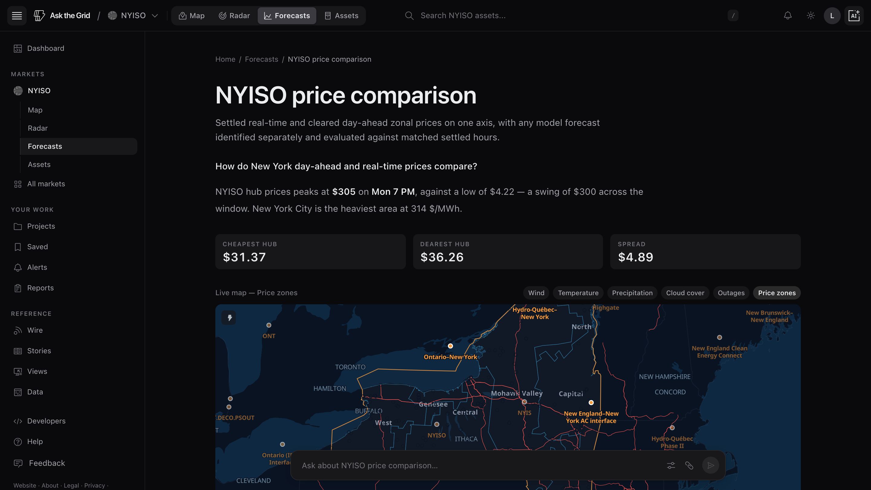 NYISO price comparison with real-time and day-ahead metrics and all eleven price zones on the live map