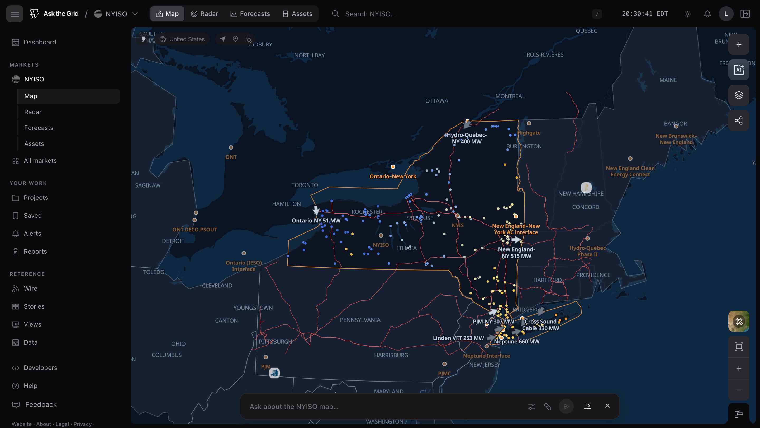 The live NYISO map — the eleven-zone New York footprint, generation and price nodes, transmission