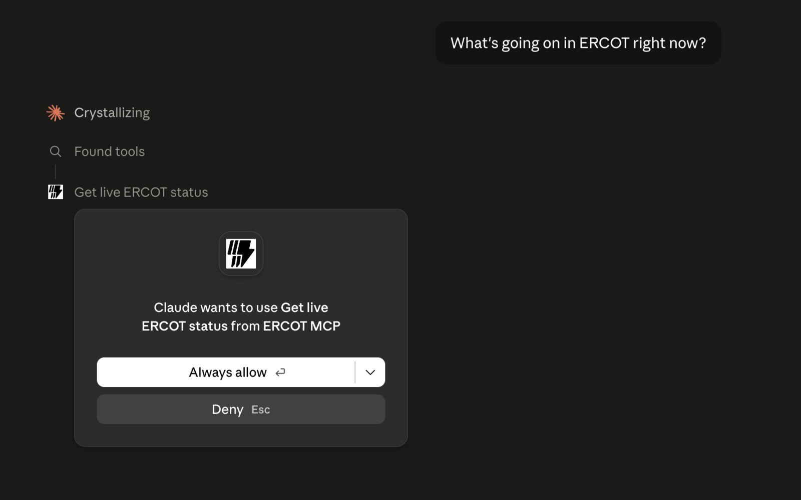 Claude Desktop asking permission to use 'Get live ERCOT status' from the ERCOT MCP server